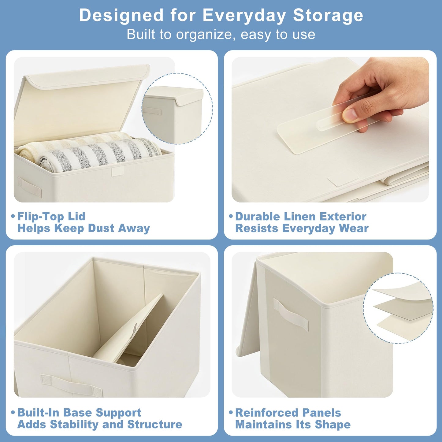 Bagnizer Large 22 Quart [4-Pack] Linen Fabric Foldable Storage Bin Cube Organizer Basket with Flip-Top Lid & Handles, Clothes Blanket Box for Home, Office, Closet (14.6 x 9.5 x 9.5, Beige)