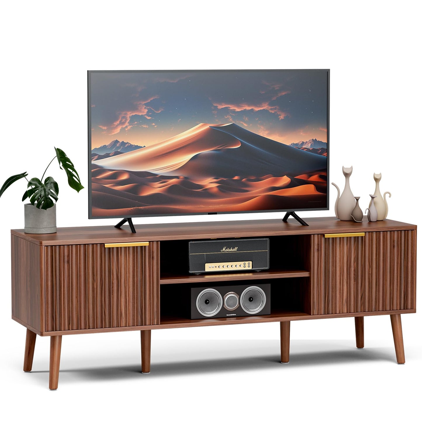 LCRBOL TV Stand for Living Room, Mid Century Modern Entertainment Center for 55/60 inch TVs, TV Console with Fluted Door Cabinets and Open Shelves, for Bedroom, Walnut