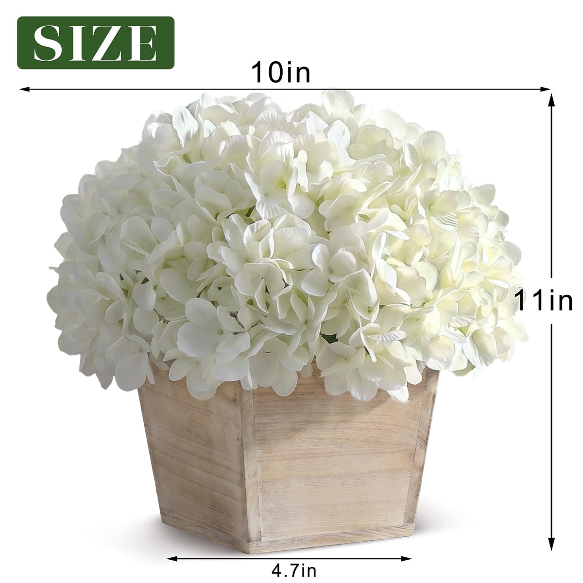 YXZZWL 10" Artificial Hydrangea Arrangement in Planter for Table Centerpiece, Lifelike Fake Hydrangea Potted Plant, Silk Faux Flowers in Wood Planter for Farmhouse Home Office Shower Decor (White)