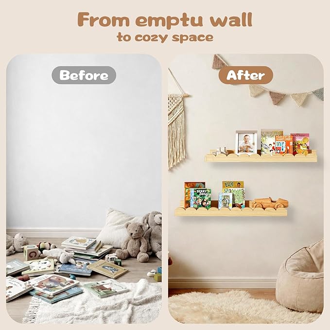 Nursery Floating Shelves for Kids Room, 2 Pack 23.6 Inch Natural Wood Wall