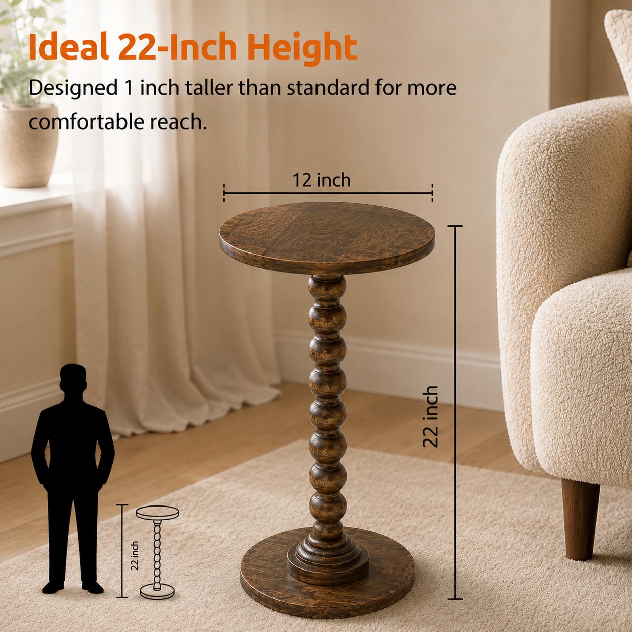 LIVINGNISH Solid Wood Round Side Table for Living Room, Bedroom and Office — Handcrafted End Table, Bedside Nightstand, Accent Table for Small Spaces with Tool-Free Assembly (Rustic Walnut)