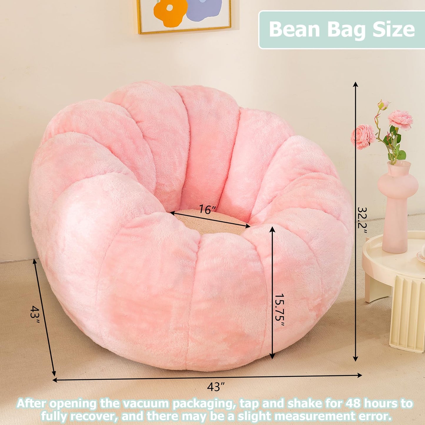 IEVENW Pumpkin Bean Bag Sofa Chair for Adult, Beanbag Couch with Filler for Reading and Relaxation, Comfy and Lazy Sofa for Dorm, Apartment, Living Room and Bedroom, Pink