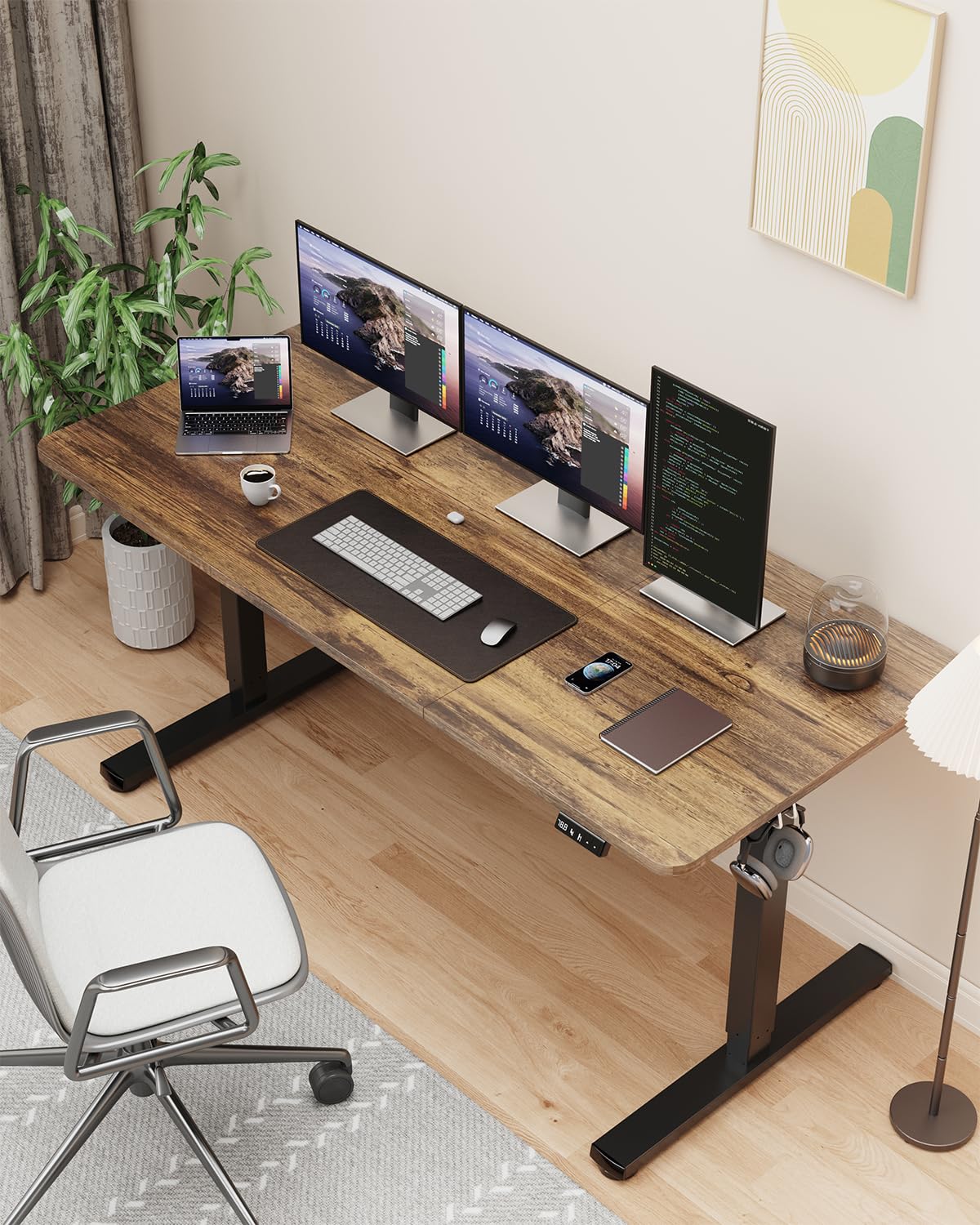 Xyndyx 55" Electric Standing Desk Adjustable Height, Sit Stand up Desk for Home Office & Computer Workstation, 2 Memory Height Settings, Splice Board, 2 Hooks, Black Frame/Rustic Brown Top