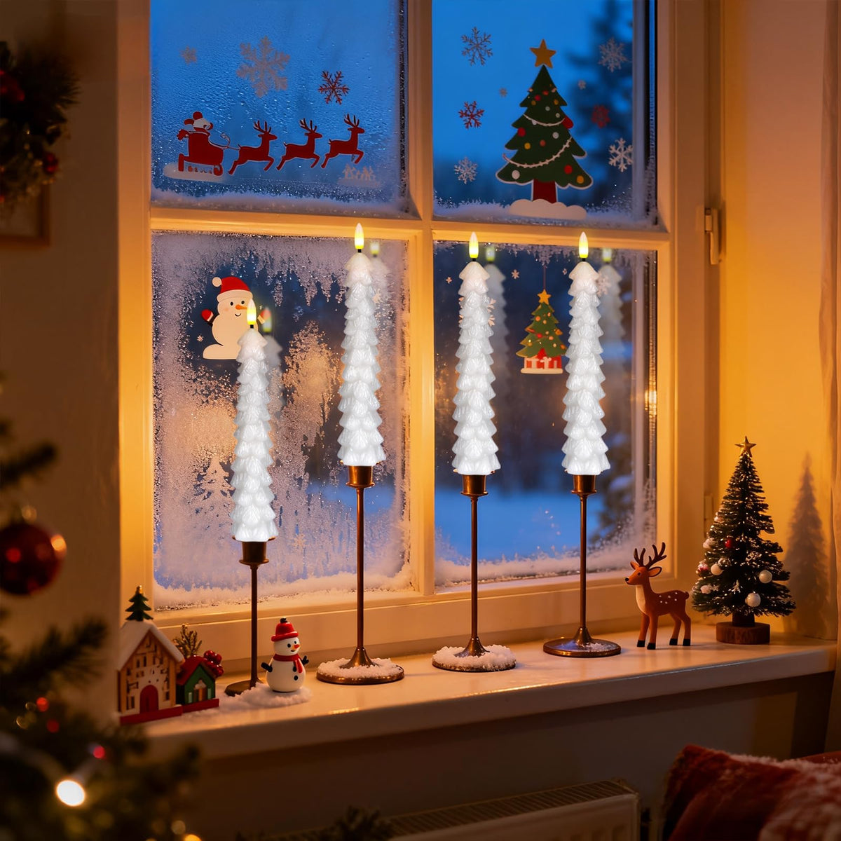 GenSwin Christmas Tree Flameless Candles with Remote Timer, White Christmas Tree LED Taper Candles with 3D Flickering Flame, 4 Pcs LED Candlesticks for Christmas Winter Home Decoration(0.78” x 9.8”)