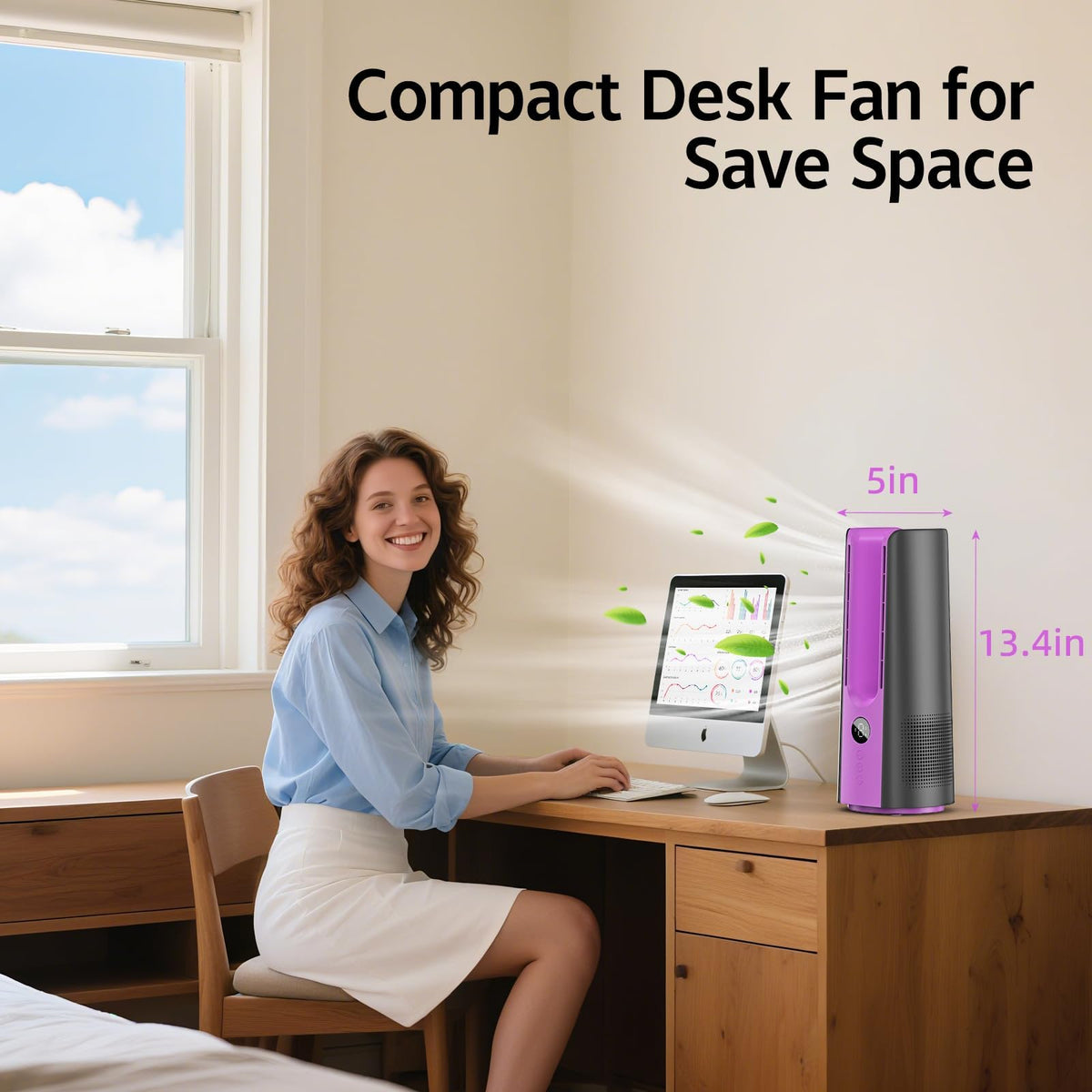 KONSIDEN Desk Fan, 13 Inch Portable Bladeless Fan, Small Quiet Table Fan with 60°Oscillating, 9 Speeds & 9H Timer, LED Display, Button Control, Easy to Clean, Personal Desktop Fan for Bedroom, Office