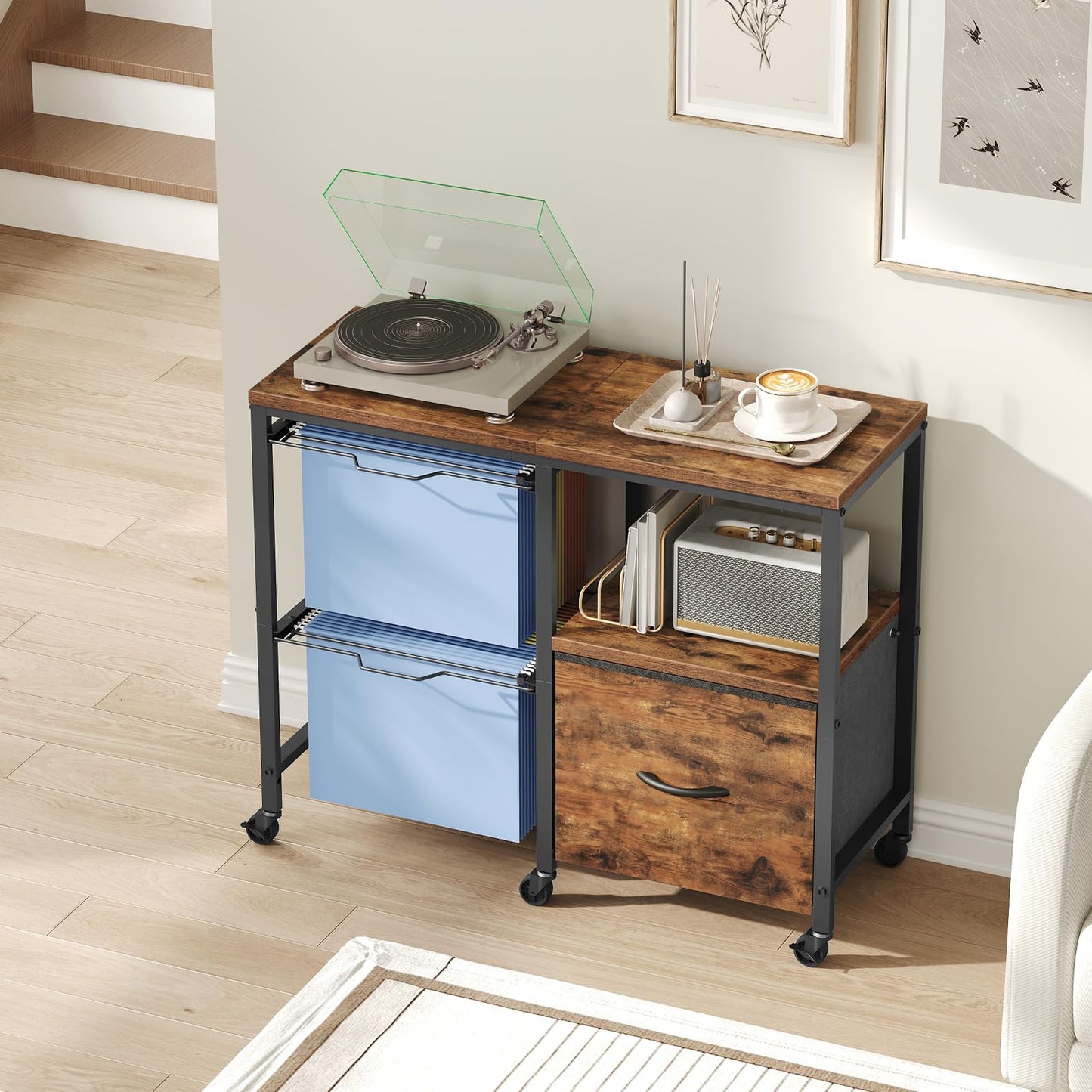MAHANCRIS File Cart，Lateral File Organizer with Fabric Drawer & Hanging File Holders, Mobile File Organizer for Home Office, Printer Stand with Wheels & Adjustable Feet, Rustic Brown FCHR6001