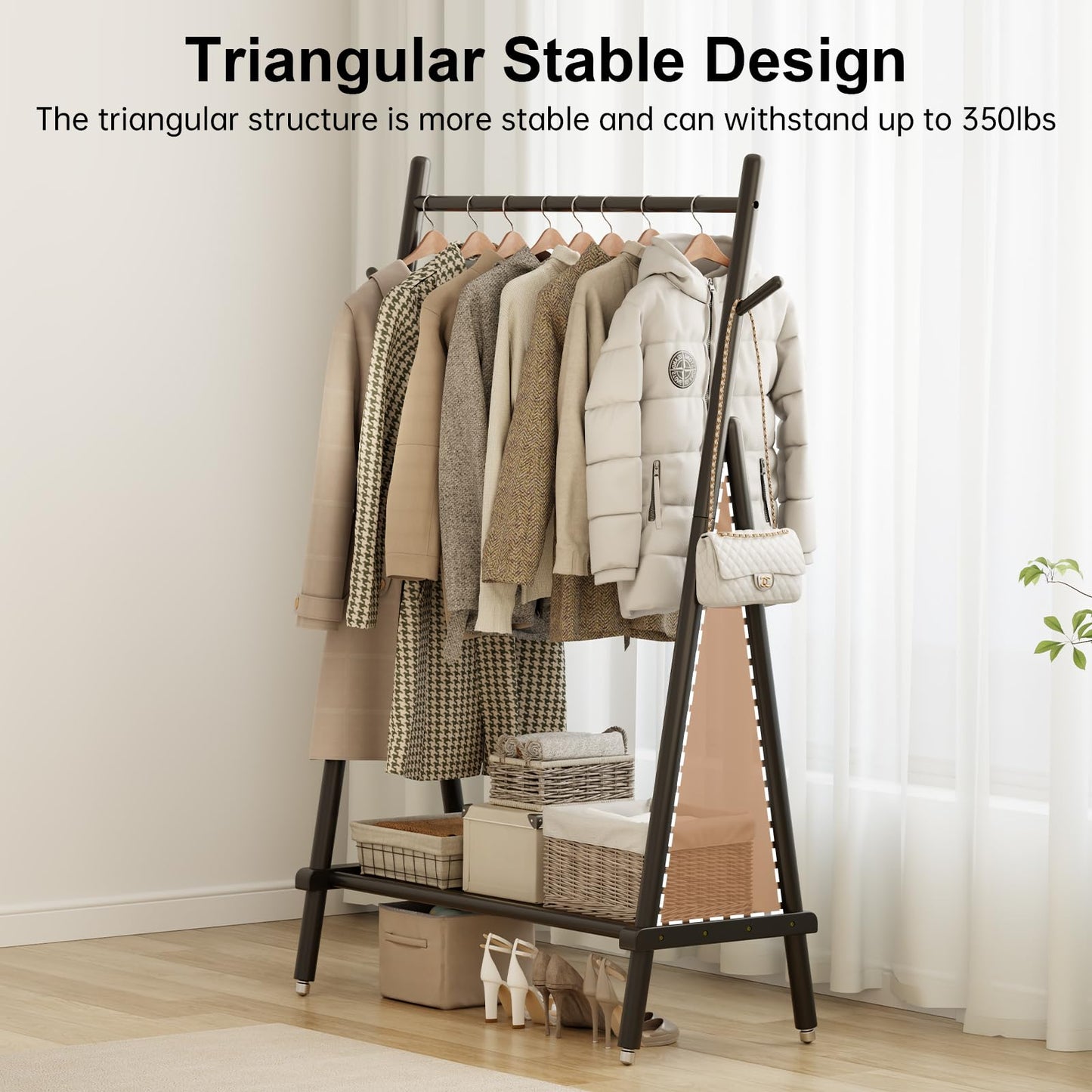 Muwuele Solid Wood Clothing Rack, Rolling Clothes Rack for Hanging Clothes, Garment Rack with Shelves Load 350 Lbs, Portable Closet Organizer on Wheels for Hanging Clothes (Black)
