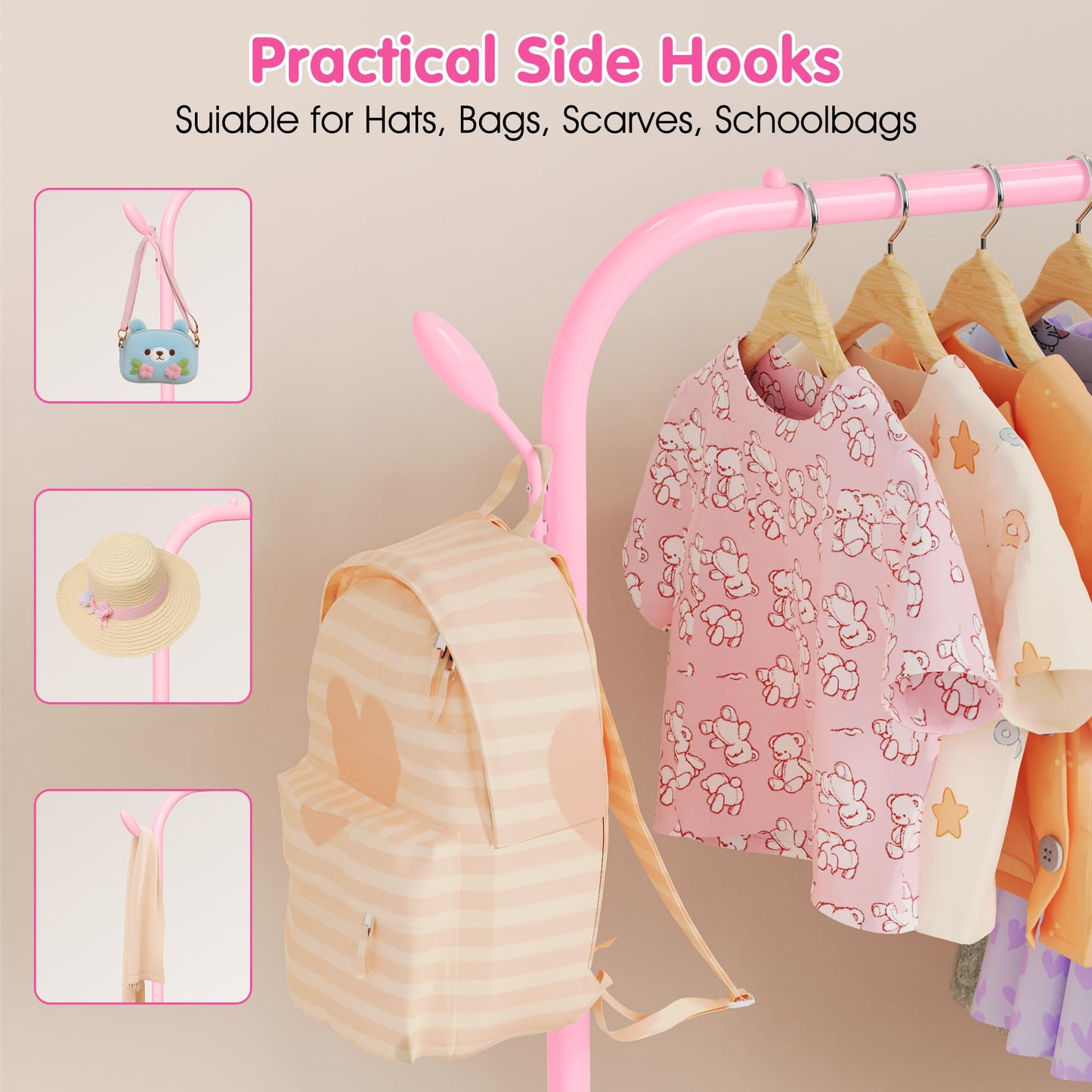 FLOUREE Kids Clothes Rack for Ages 3-6, Montessori Kids Clothing Rack with Bottom Shelf & Side Hooks, Toddler Wardrobe Rack for Bedroom, Playroom, Nursery and Small Room Storage, Pink