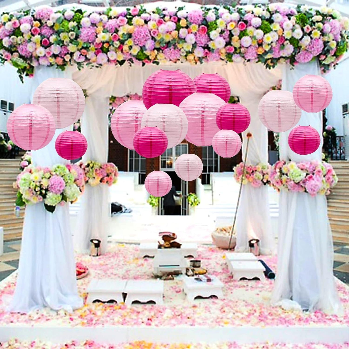 SIPRKAICT Pink Paper Lanterns Party Decorations,12pcs Hanging Paper Lantern for Wedding,Engagement,Bachelorette,Baby Shower,Valentine's Day,Birthday Party