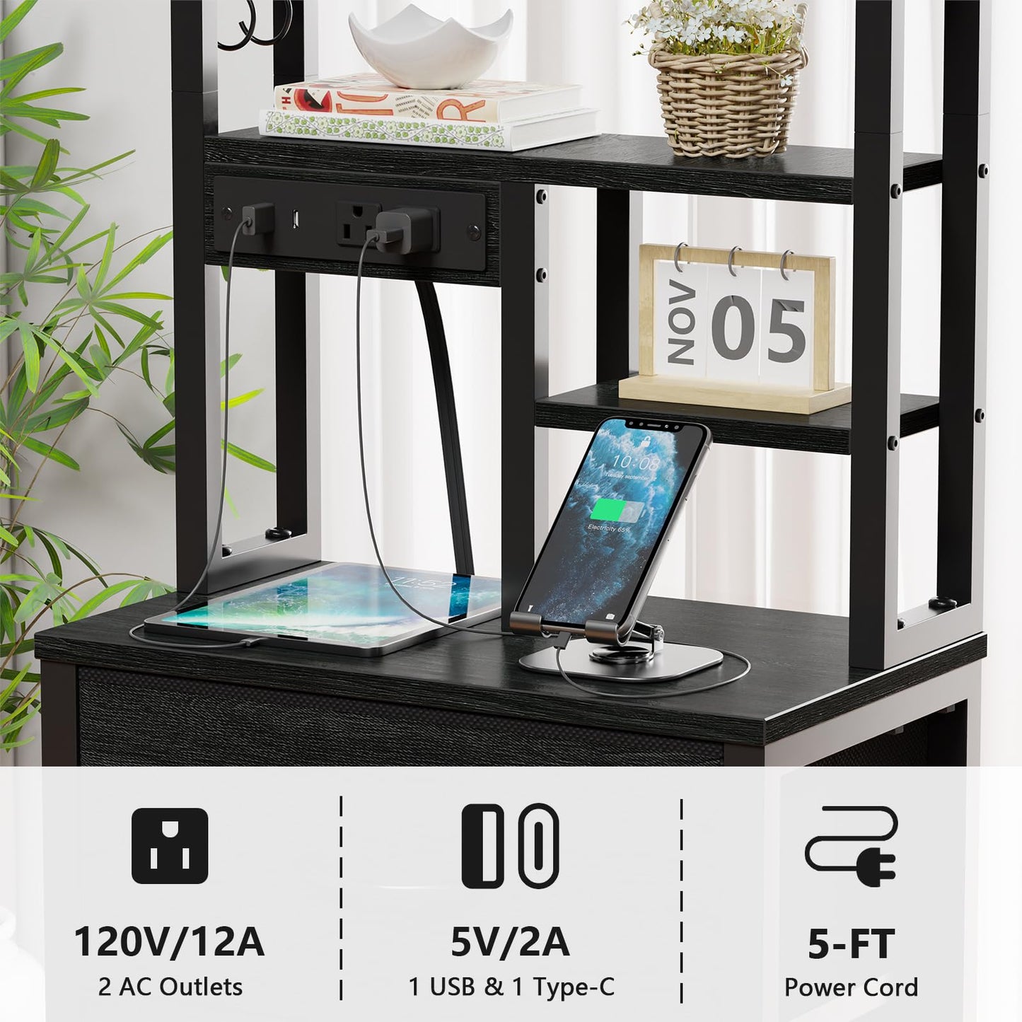 Furnulem Tall Night Stand with 3 Fabric Drawers and LED Lights, Nightstand with Bookshelf, 45.3inch Tall Bedside Tables with USB Ports in Bedroom, Dorm, Office,Metal Frame, Wood Shelves (Black Oak)