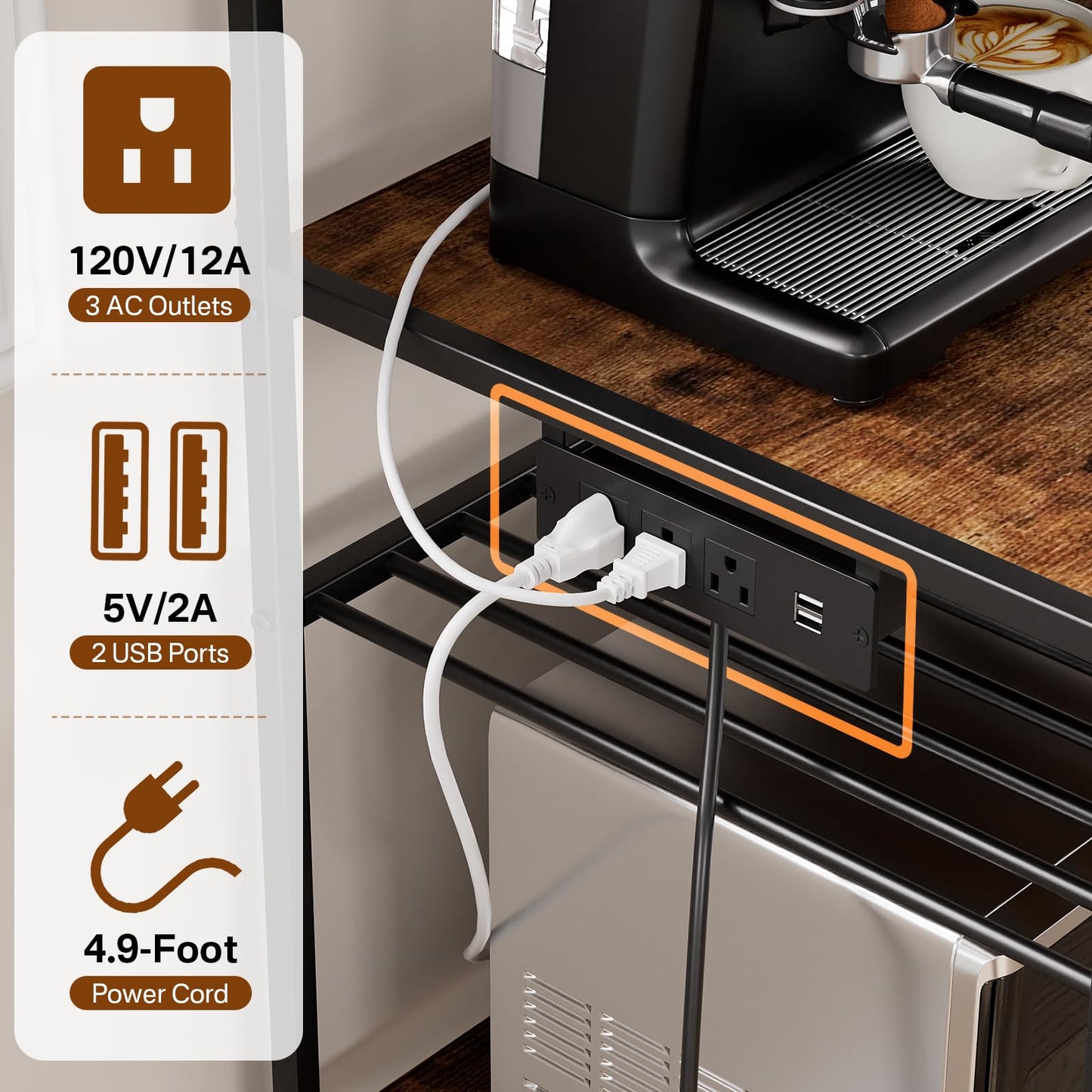 Portin Mini Fridge Stand Coffee Bar Cabinet with Power Outlet, Mini Fridge and Microwave Stand with S-Hooks, 7 Storage Shelf Rack for Dorm,Office - Kitchen Bakers Rack