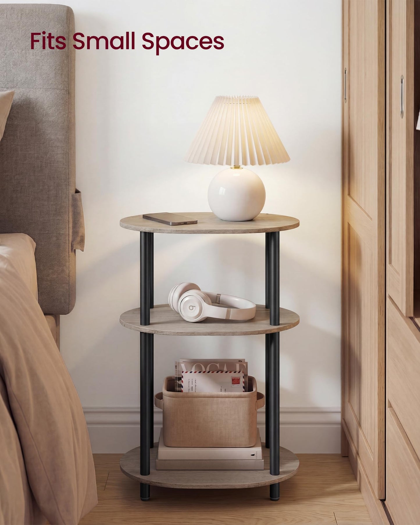 VASAGLE Side Table, Small End Table, Tall Nightstand for Living Room, Bedroom, Office, Bathroom, Steel Frame, Industrial Style, Oval, Heather Greige and Ink Black ULET288L101