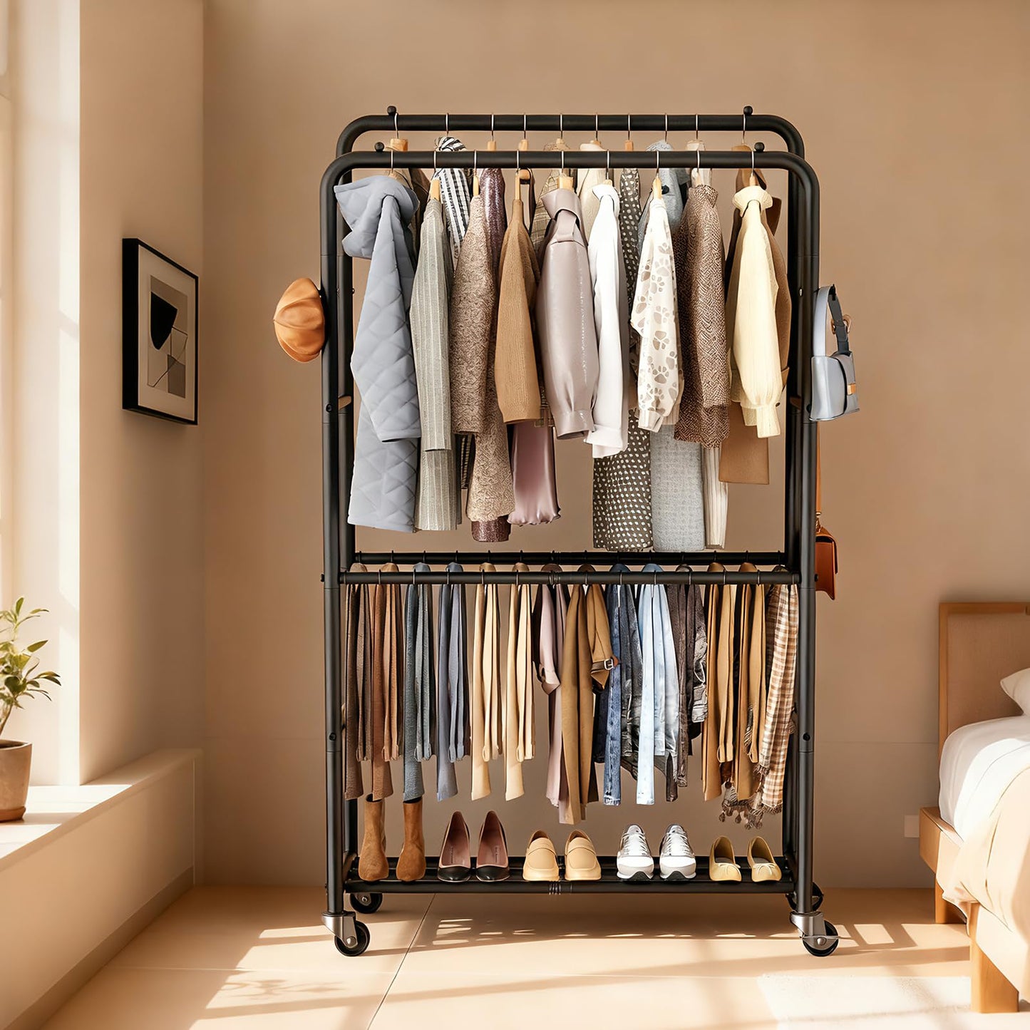 ZHKINGGS Clothes Rack - 4-Bar Double Rod Clothing Rack with 15 Pants Racks - Rolling Clothes Rack with Shelves - Portable Garment Rack for Bedroom Laundry Room Closet - Black