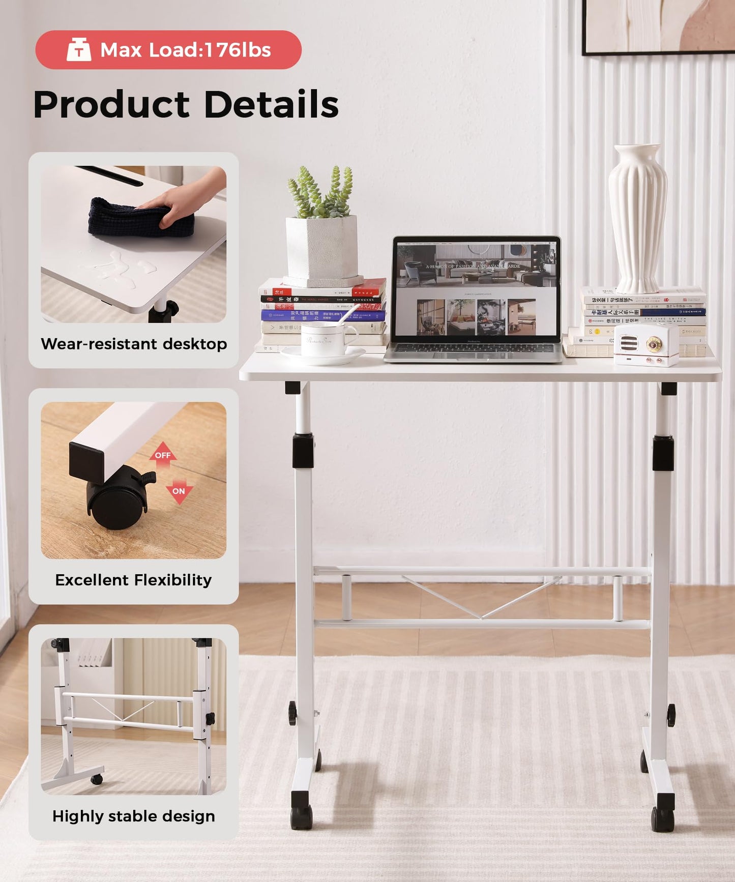 KLSMYHOKI Standing Desk Adjustable Height, Mobile Stand Up Desk with Wheels Small Computer Desk Rolling Desk, Portable Laptop Desk White Standing Table Home Office Desks 16"x31.5" Height 27"-43.5"
