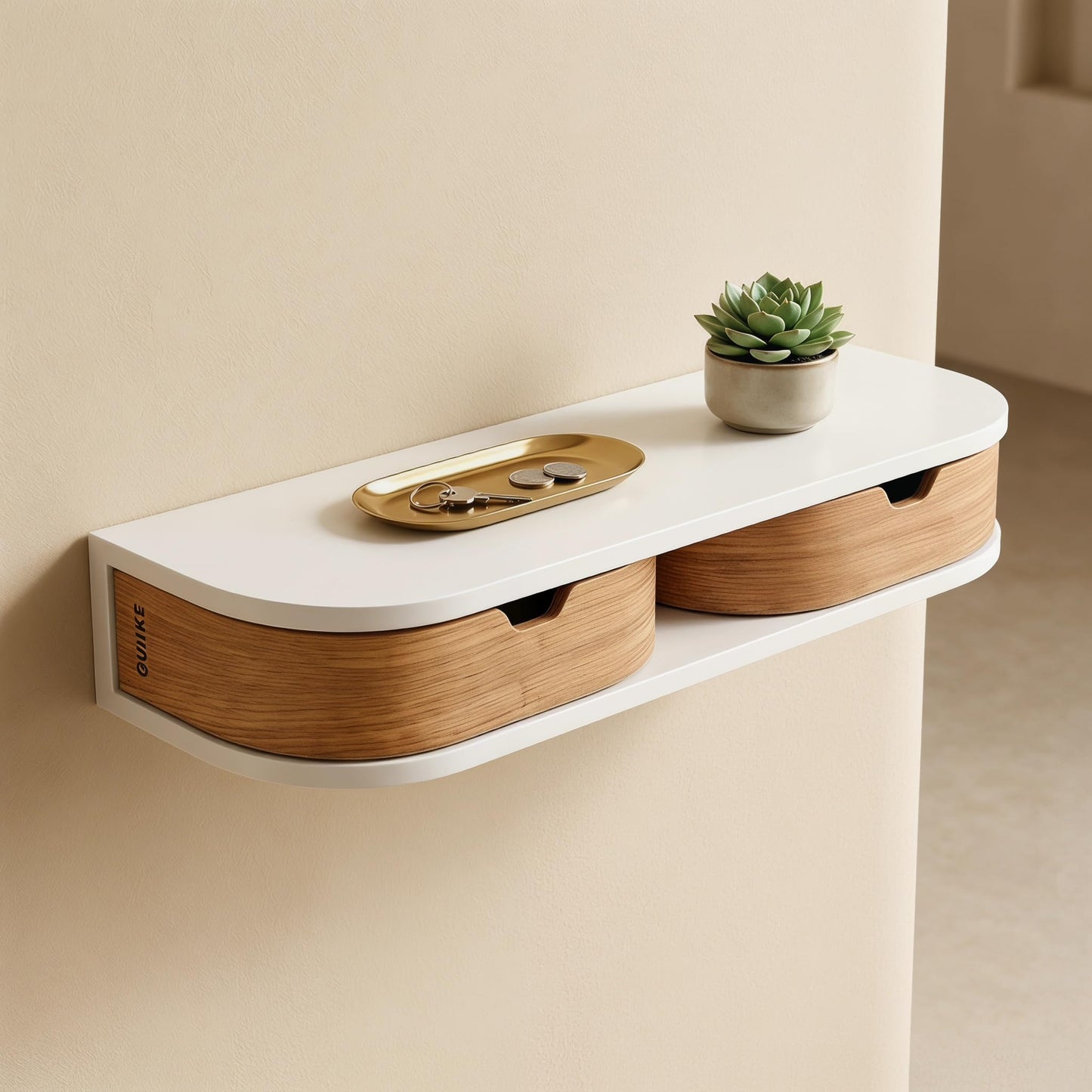 GUJIKE Floating Nightstand, 21 Inch Wall Mounted Bedside Shelf, Handmade Bedroom Furniture,Pine Wood Bedside Table, Nightstand with Drawer (White, Double Drawers)