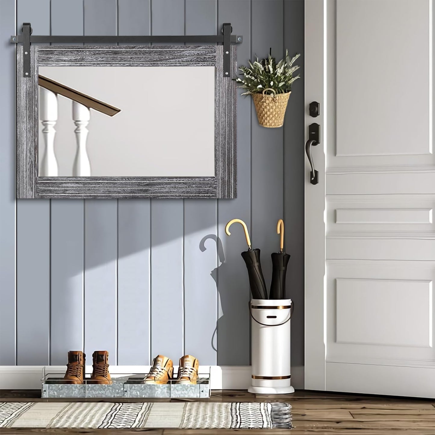 AAZZKANG Rustic Wall Mirror with Wood Framed Barn Door Mirror Rectangular Bathroom Mirror 18"x26" Bedroom Living Room Entrance Vanity Mirror Horizontal