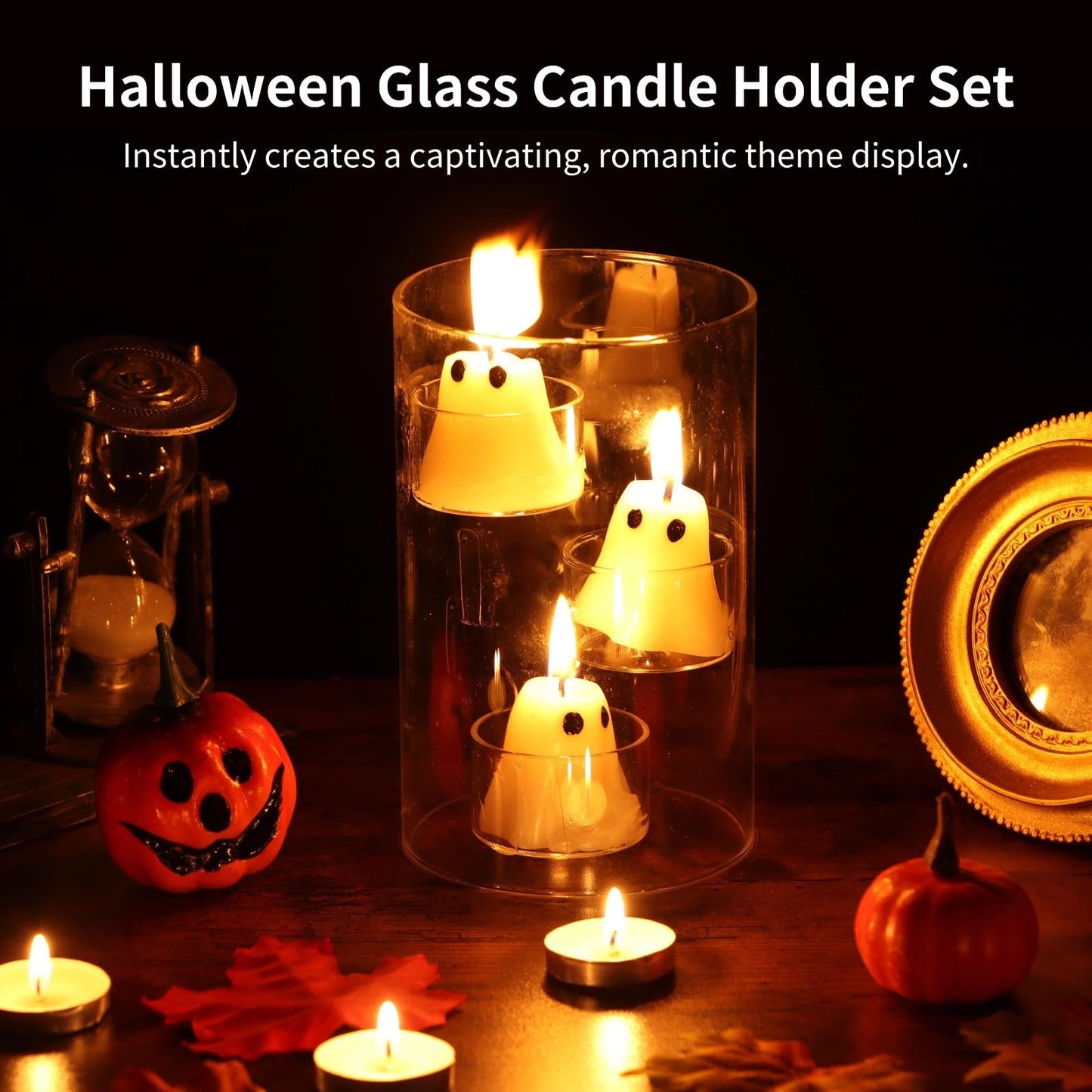 YHOMU Halloween Floating Candle Table Centerpiece Kit, Glass Cylinder Candle Holder with 15 Candles, 20 Tea Lights, Decorative Set for Holidays, Weddings, Parties