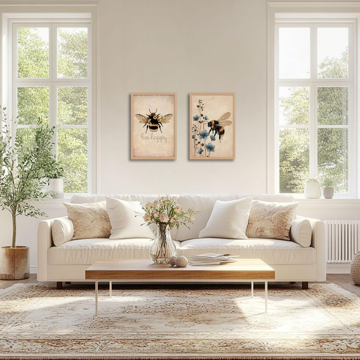 CVXHKH 2Pcs Bee Happy Framed Bumblebee and Flower Canvas Wall Art, Bee Lover Gift Rustic Nature Artwork Inspirational Botanical Picture, Cute Insect Artwork for Living Room, Bedroom, Office 12x16in