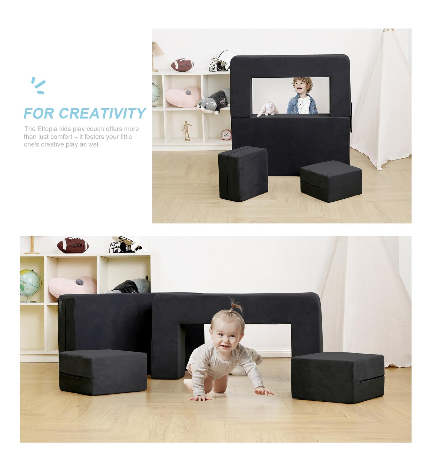 Elftopia Modular Kids Sofa,Toddler Couch Foam Armchair for Kids, Children Convertible Plush Sofa Play Set,Fold Out SofaBed(Black)