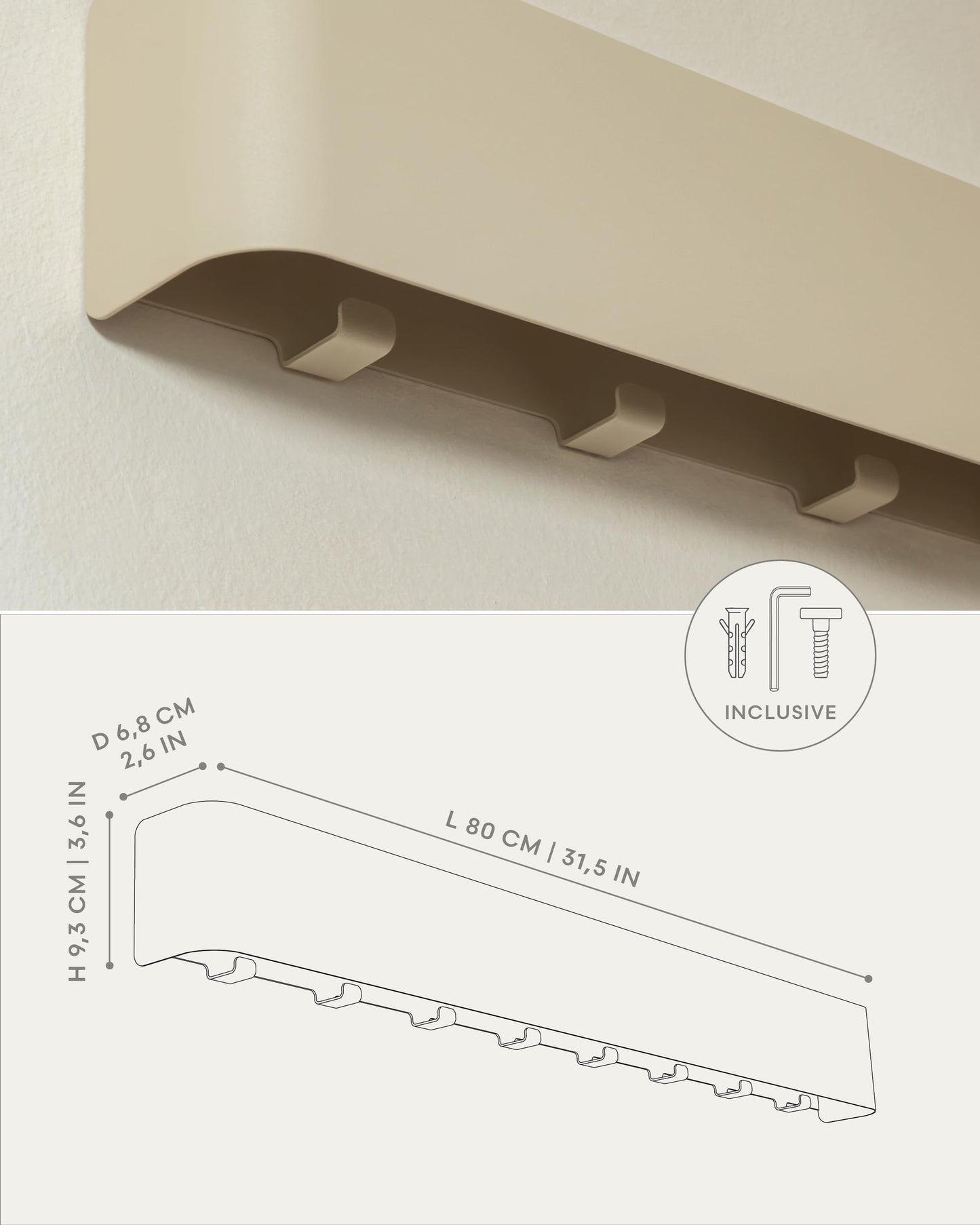 Kazai. Coat Rack Wall Mount with Shelf 'Tone' | Modern Design Coat Hanger with Hidden Hooks and Storage | Hat Rack with Shelf in Metal | Wall-Mounted Purse Organizer | Sand Taupe