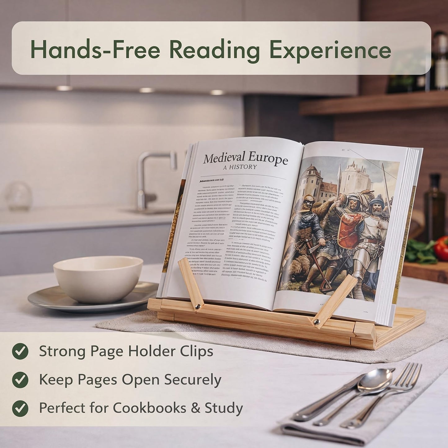 Gerrii Wooden Book Stand with Page Holder Clips Adjustable Foldable Reading Stand for Cookbooks Recipes Textbooks Bible Documents Tablet Solid Pine Wood Hands-Free Set Book Holder for Counter Desk