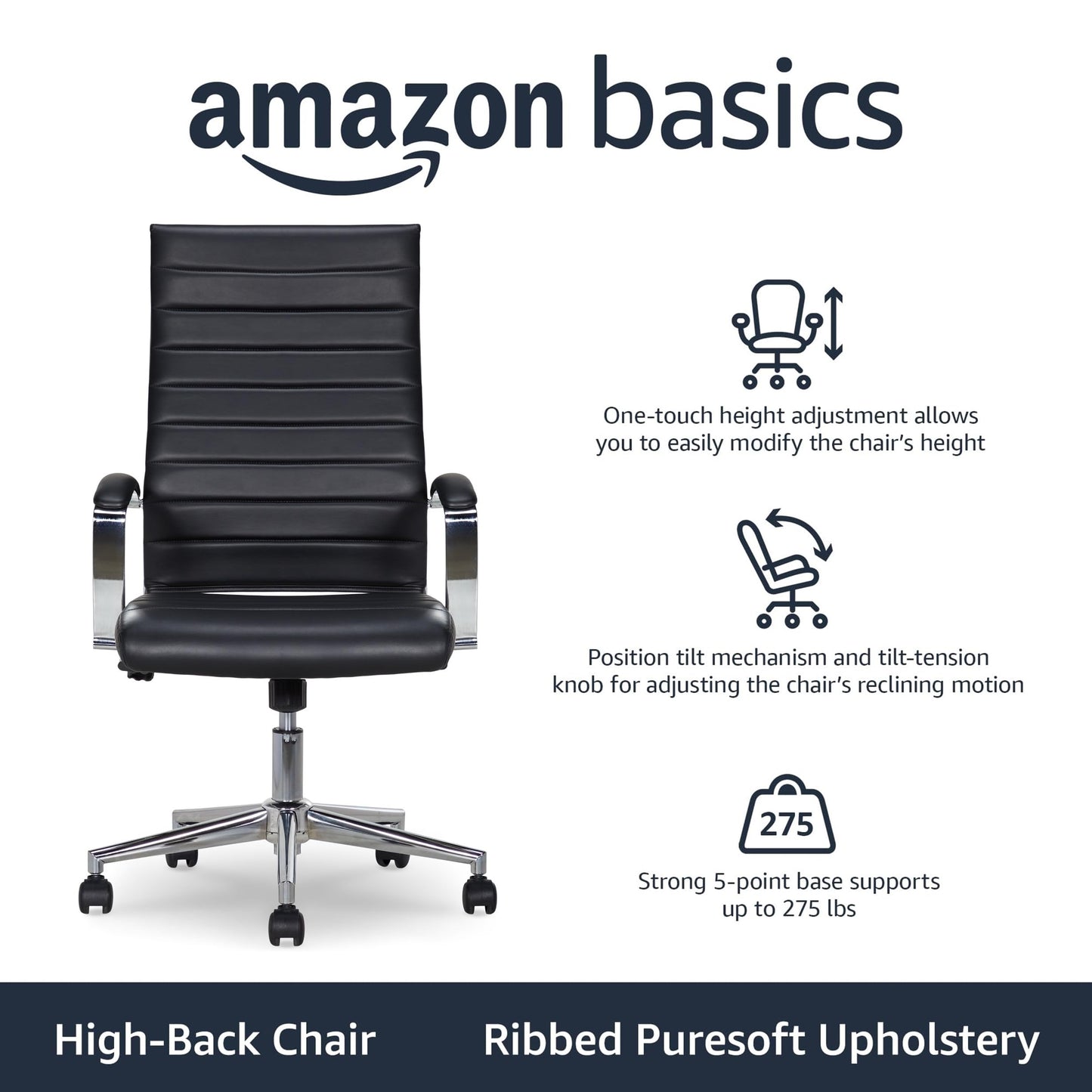 Amazon Basics High-Back Swivel Office Chair with Lumbar Support, Ergonomic Ribbed Faux Leather, Adjustable Height, 45.25" x 24.75" x 23.25", Black