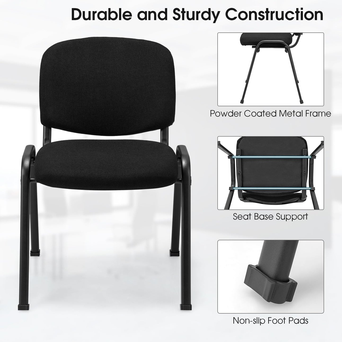 HOMGX 2 PCS Waiting Room Chairs, Stackable Office Guest Chair with Upholstered Back & Seat, Comfortable Conference Chairs for Meeting Room, Executive Chair Set No Wheels, Reception Chairs, Black