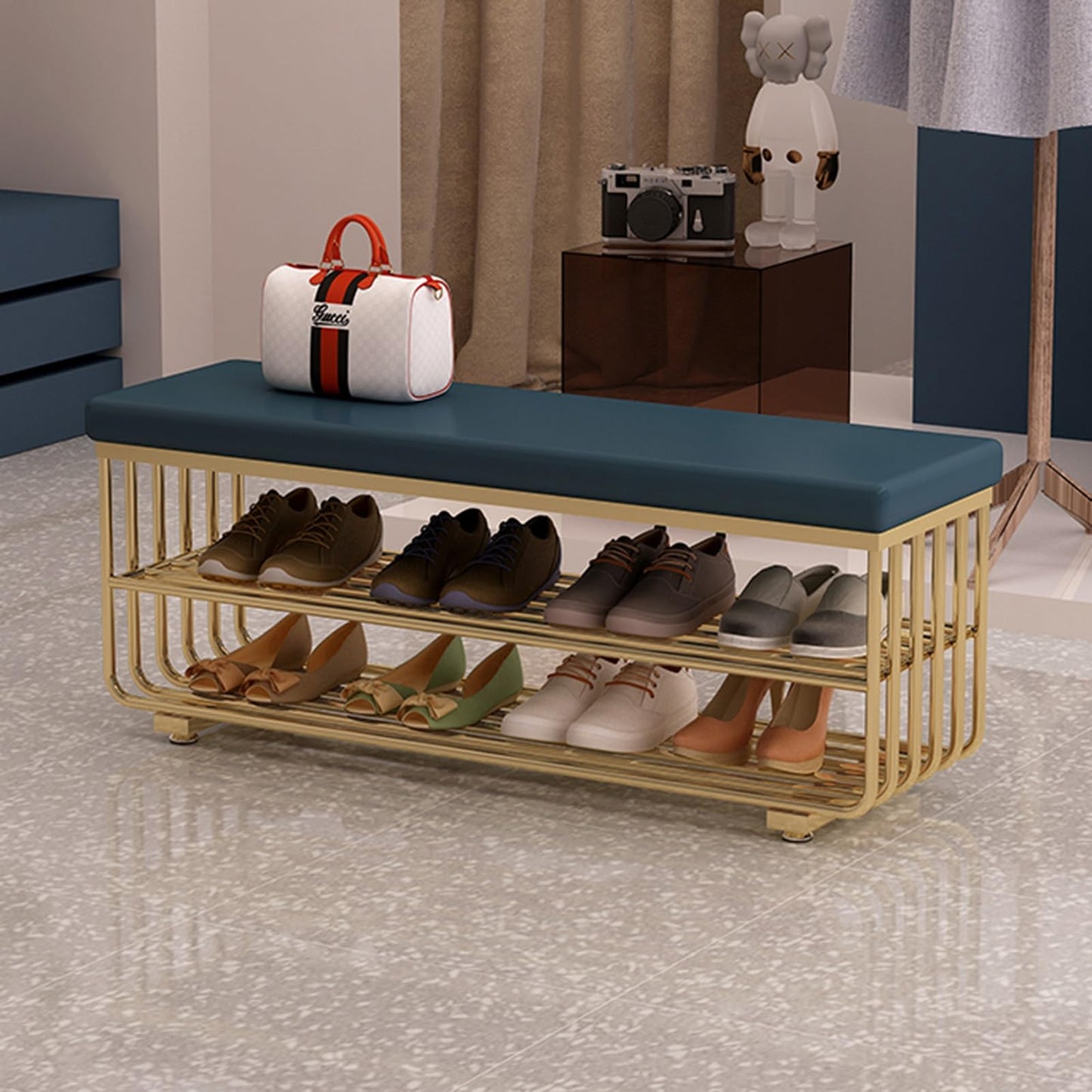HARELA Shoe Bench with Cushioned Seat, PU Faux Leather Bench with Metal Base, Entryway Shoe Bench with Storage, Elegant Footstool for Entrance Living Room Cloakroom(Gold C,60cm/23.6in)
