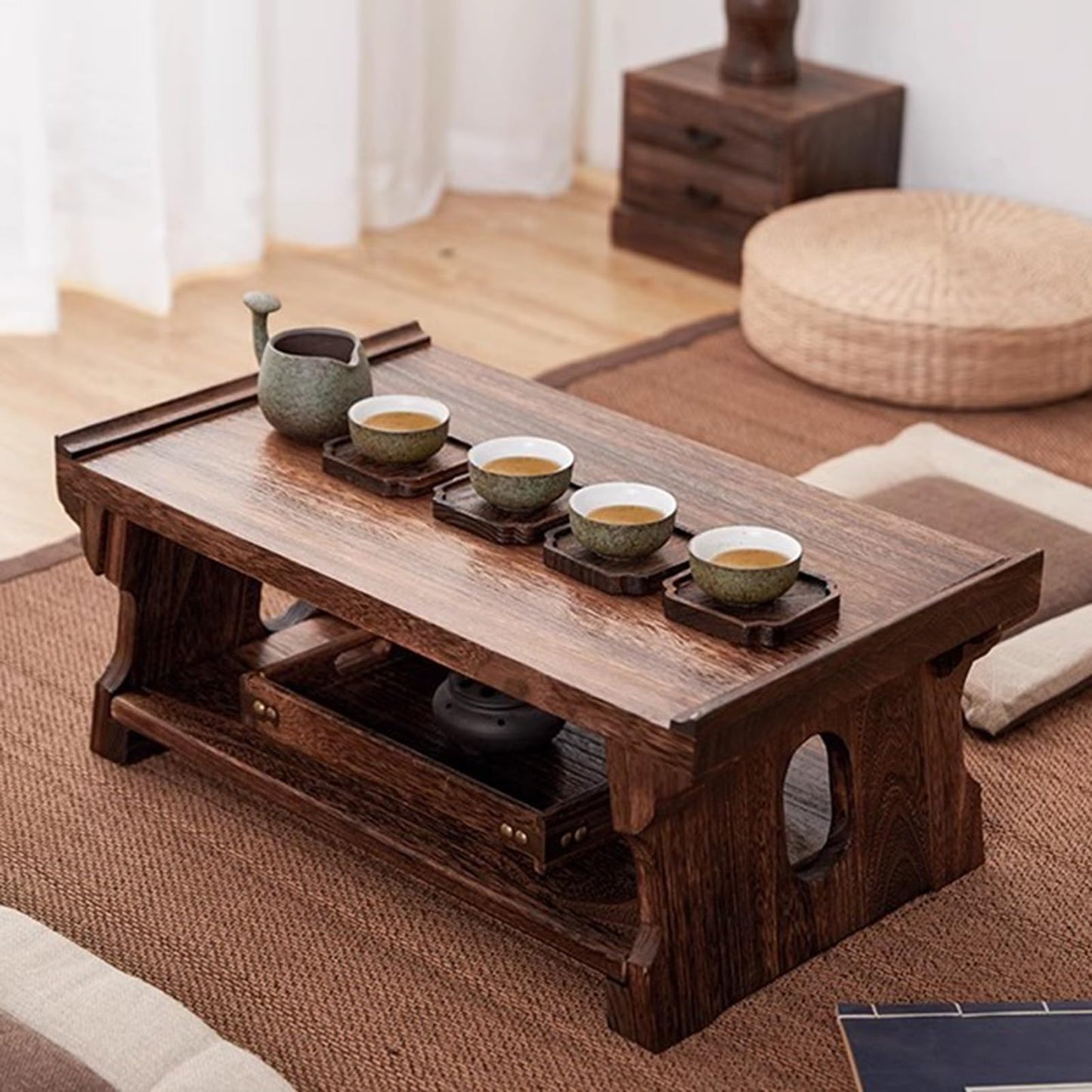 Portable Antique Tatami Floor Table - Low Meditation & Tea Table for Home & Garden, 70x35x28cm, Multifunctional Zen Furniture for Relaxation & Mindfulness