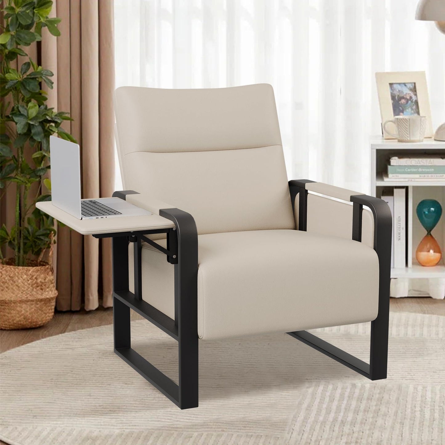 Apeaka Modern Accent Chair PU Leather Upholstered Armchair with Tray Table for Bedroom Living Room Chairs Office Chair Beige