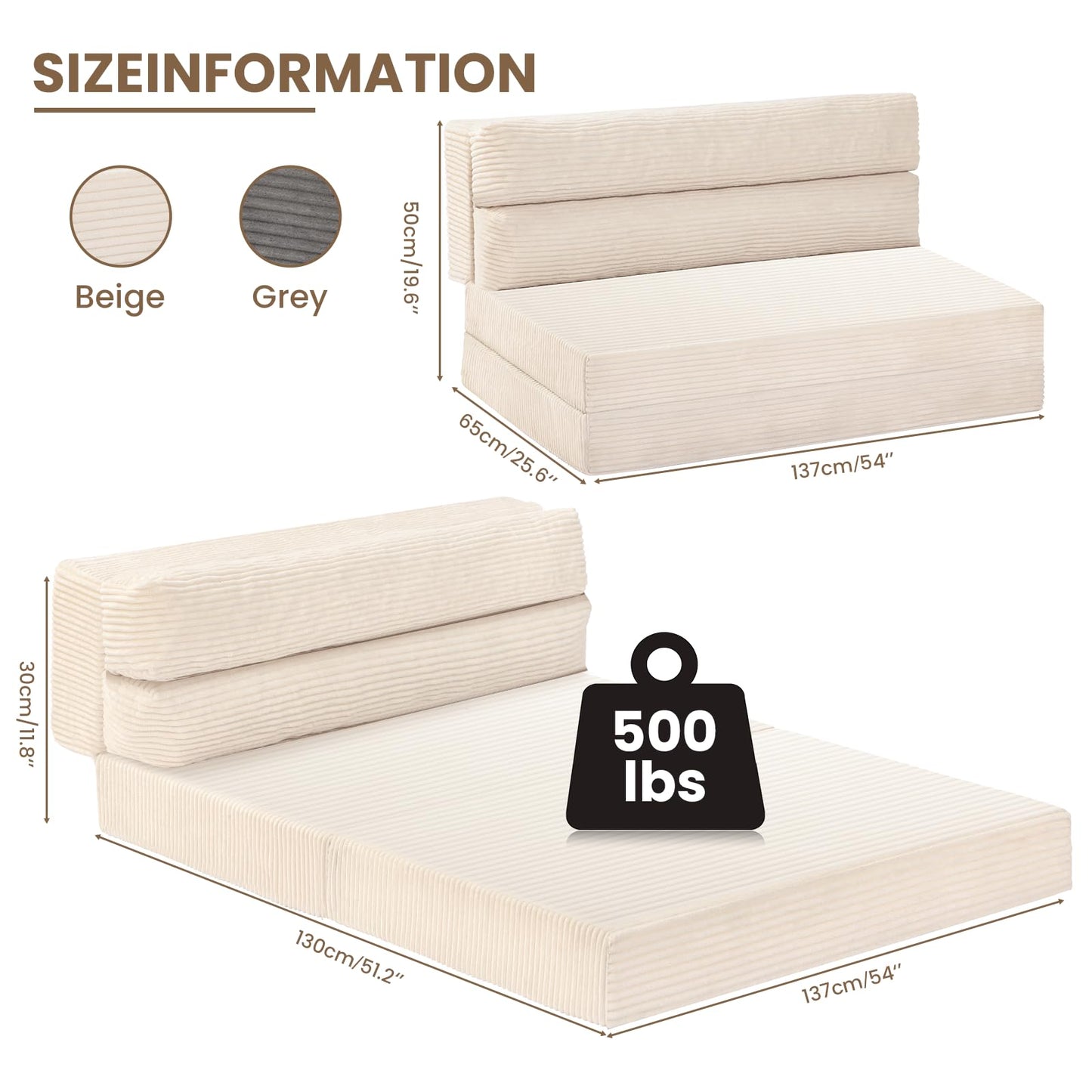 JUIKURY Folding Sofa Bed, Convertible Sleeper Chair with Pilow Foldable Matress, 2 in 1 Pull Out Loveseat Sofa Portable Fold Out Chair Bed Floor Couch Lounge for Living Room Bedroom (Beige, Full)