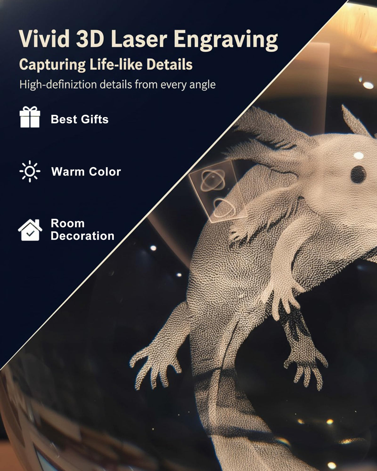 DTZDTA 3D Axolotl Night Light 3.15" Solid K9 Crystal Ball Lamp