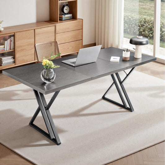 Younhomedge 70.9Inch Office Desk, Executive Office Desk，Modern Industrial Style, Z-Shaped Table Legs, Country Black Wood Grain Top, for Home Office, Study, Conference (Ash Black)