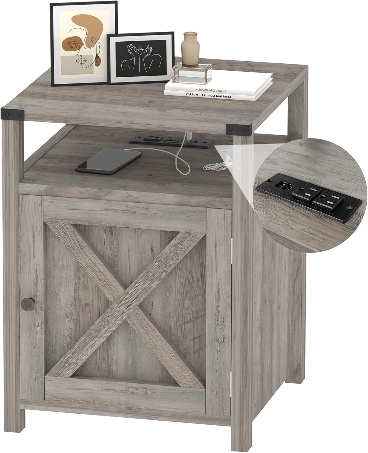 HOSEOKA Farmhouse Nightstand Set of 2 with Charging Station, Rustic End Table Bedroom with Storage Living Room Side Table Dark Oak Night Stand Industrial Bedside Bed Table with USB Ports and Outlets