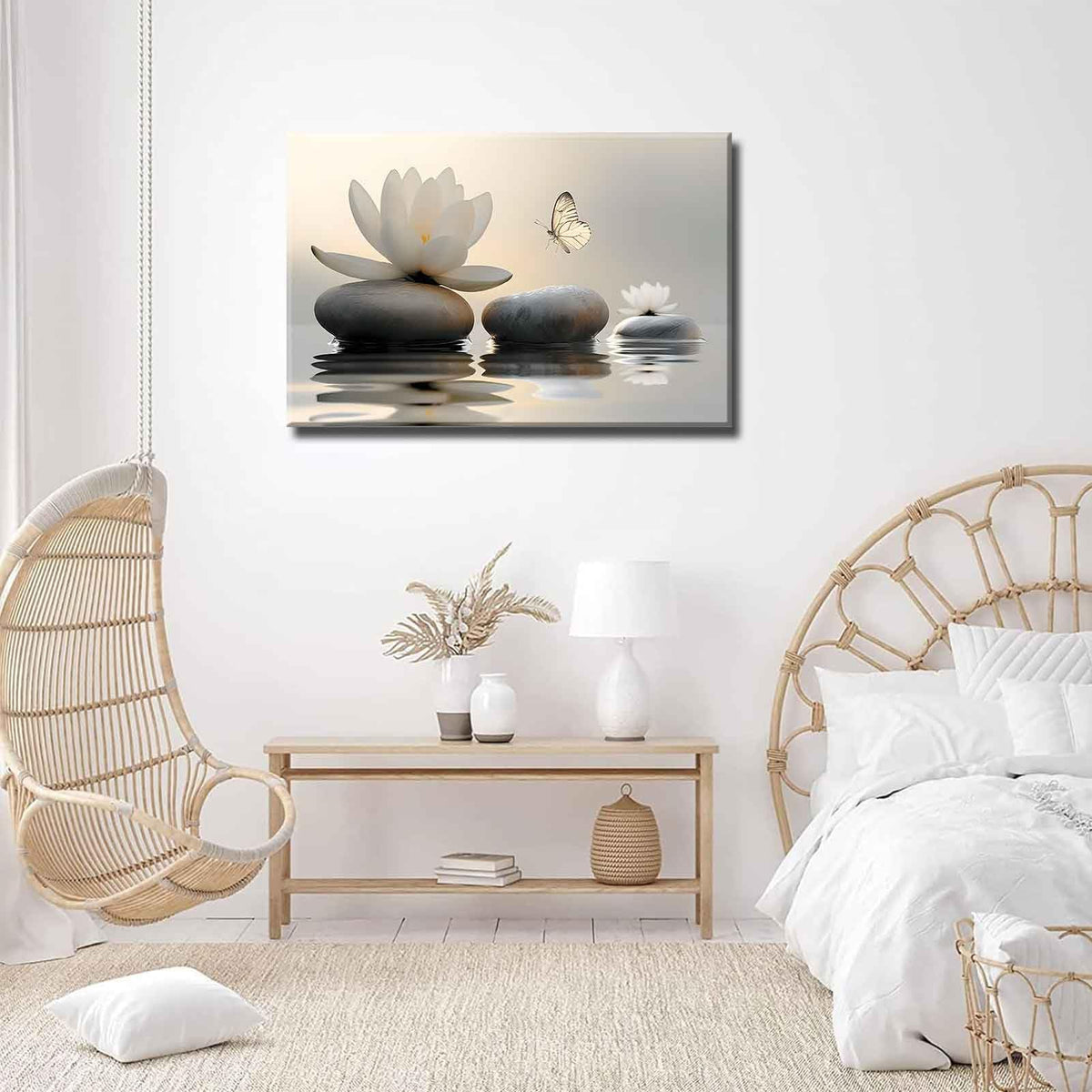Zen White Lotus Canvas Wall Art Bathroom Decor Painting Pictures Living Room Meditation Spa Posters Prints for Modern Spiritual Yoga Bedroom Decoration Ready to Hang