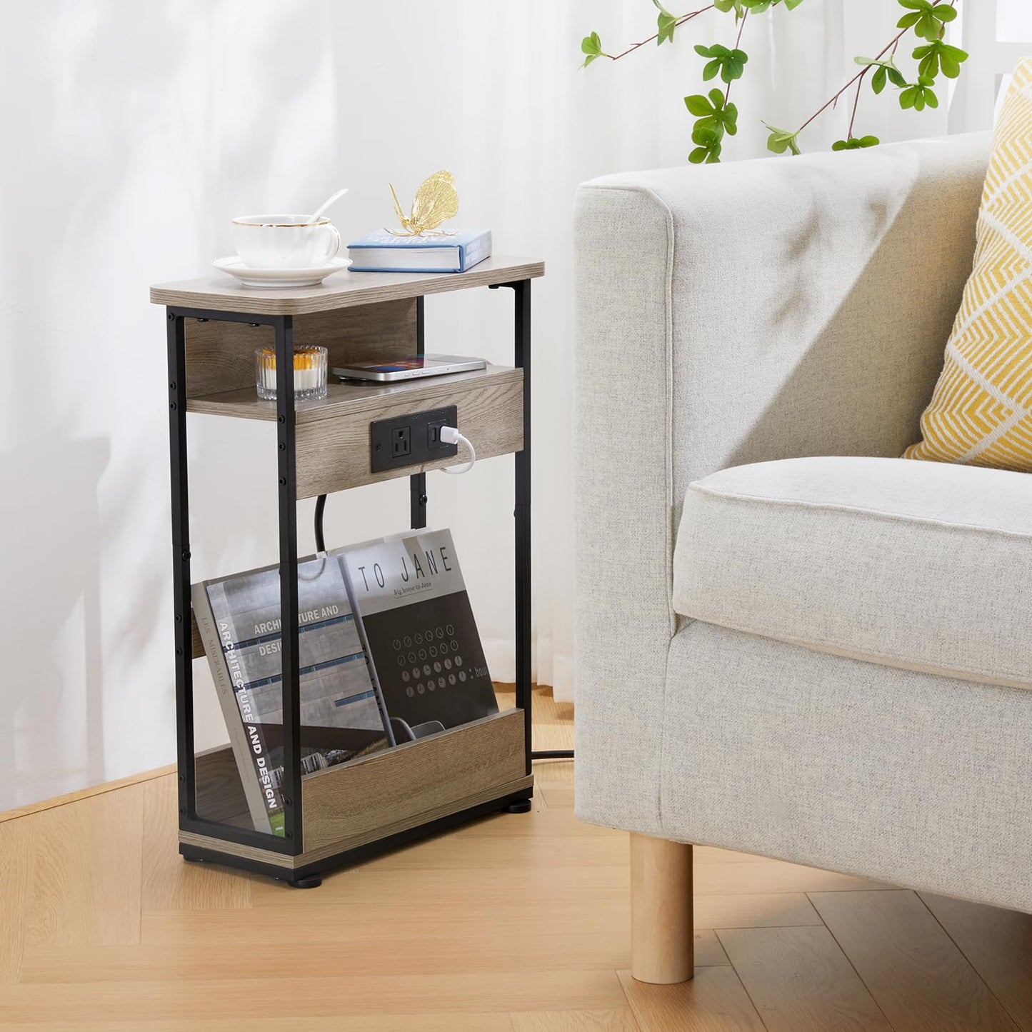 YEAKOO Narrow Side Table with Charging Station, 3-Tier End Table with 2 USB Ports & Power Outlets,Thin Sofa Side Table for Narrow and Small Spaces, Bedside Table Nightstand for Living Room,Oak