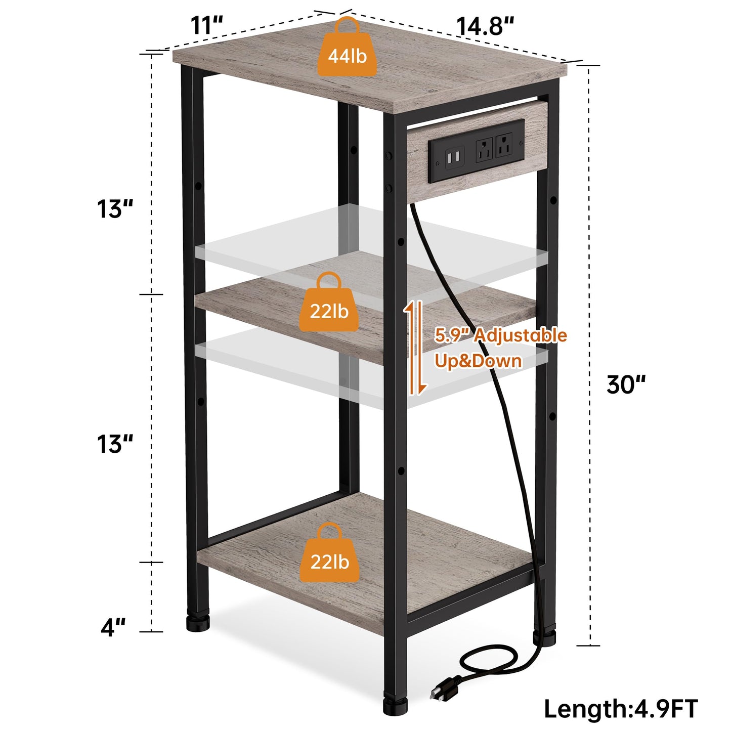 Asgolion Tall End Table with Charging Station, 3 Tier Narrow Beside Table with Adjustable Shelf, Tall Side Table Nightstand for Bedroom, Living Room Coffe Table, Office, Greige