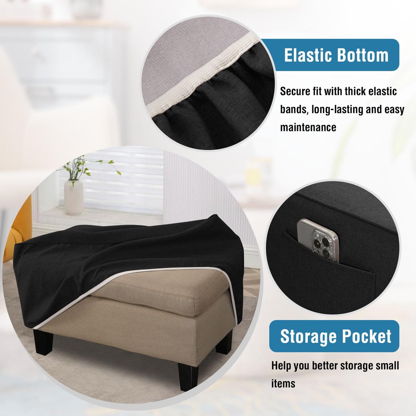 H.VERSAILTEX Ottoman Cover Rectangle Fit Length 43"-44" Footrest Linen Look Ottoman Slipcovers Thick Ottoman Covers Slipcover Rectangle Slipcovers for Ottomans Sturdy Foot Stool Cover - Heather Black