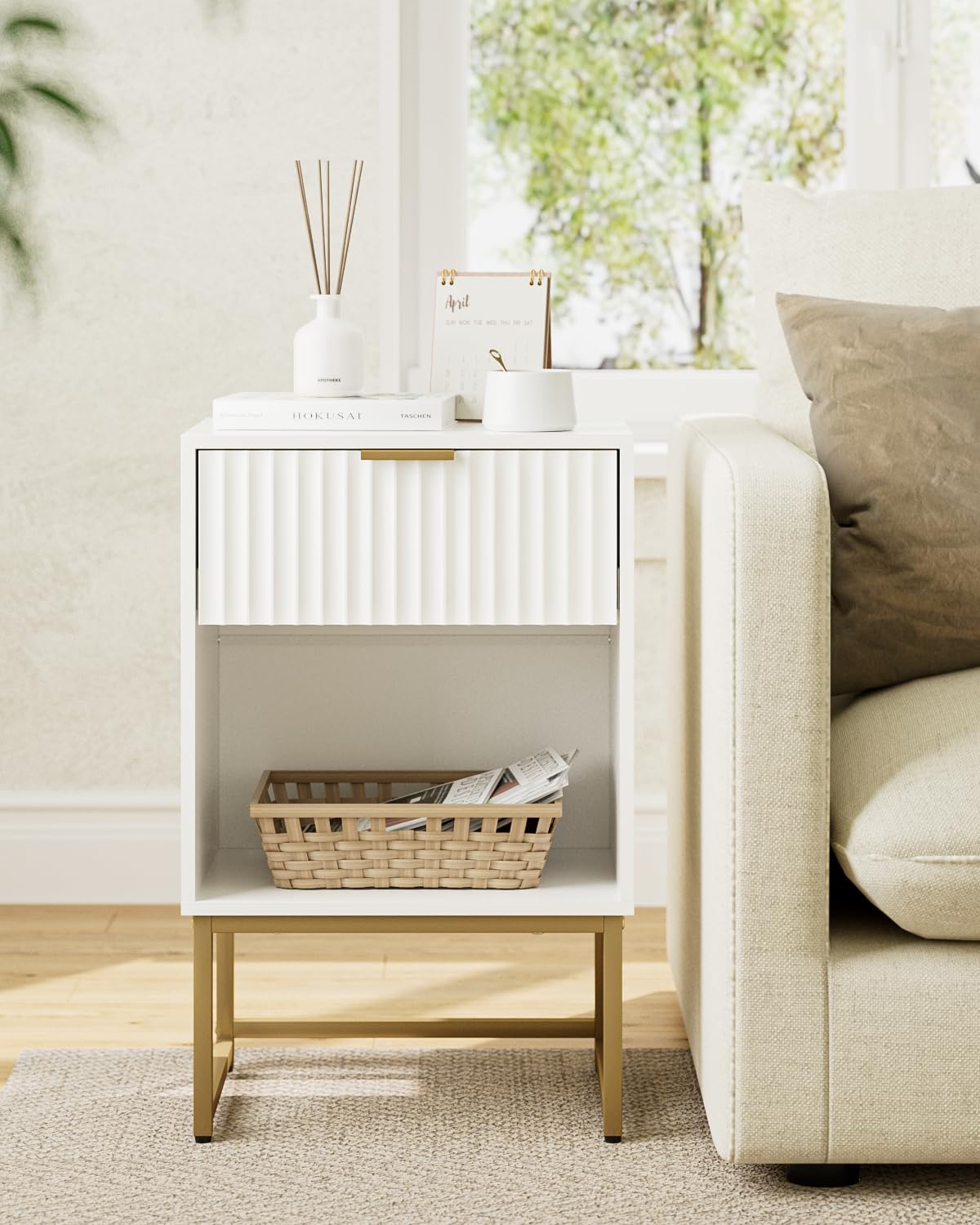 Masupu White Nightstand, Fluted Night Stand, Wood Bedside Table with Storage Drawer, Modern Side End Table for Bedroom, White