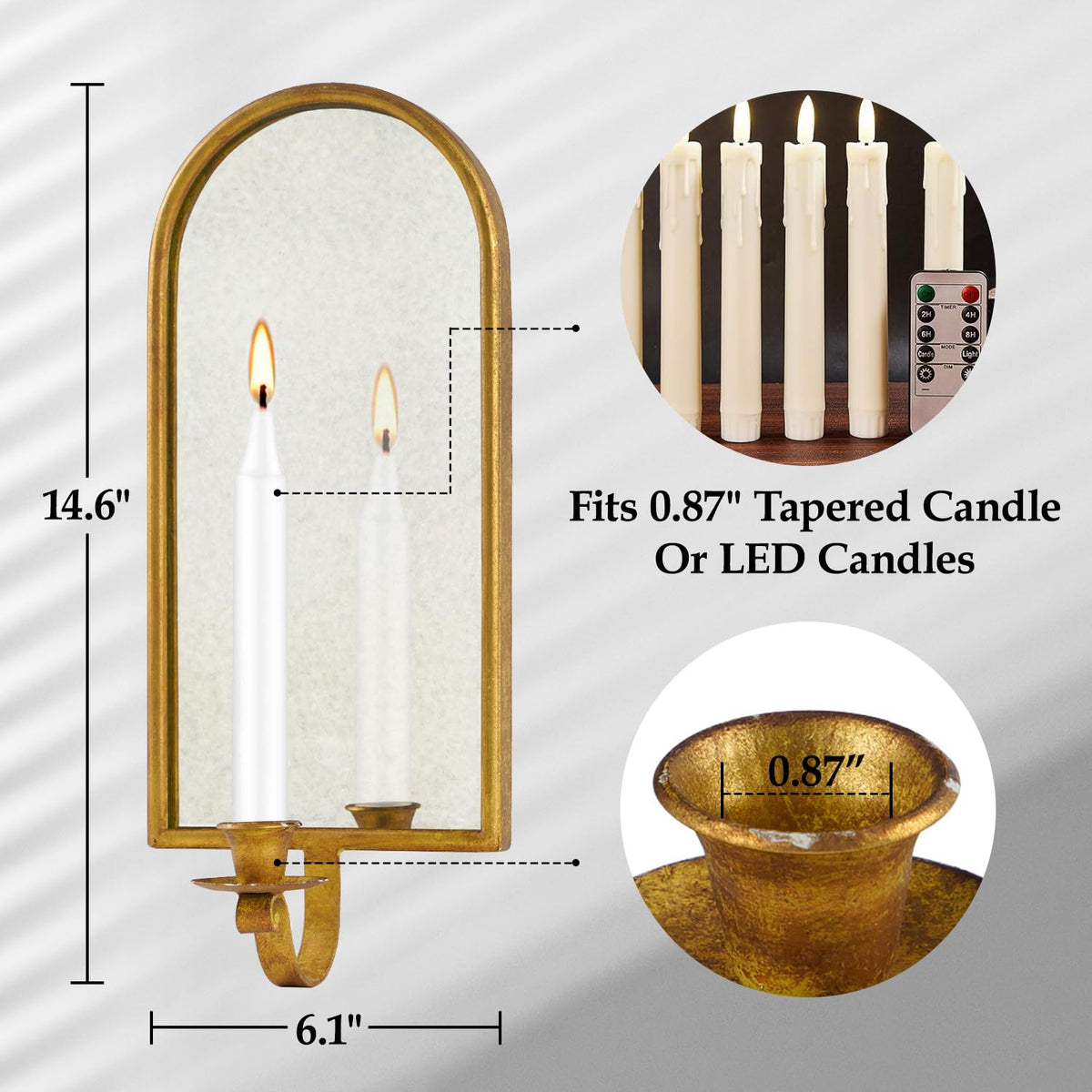 NIKKY HOME Gold Mirrored Wall Candle Holder, Antique Taper Sconce