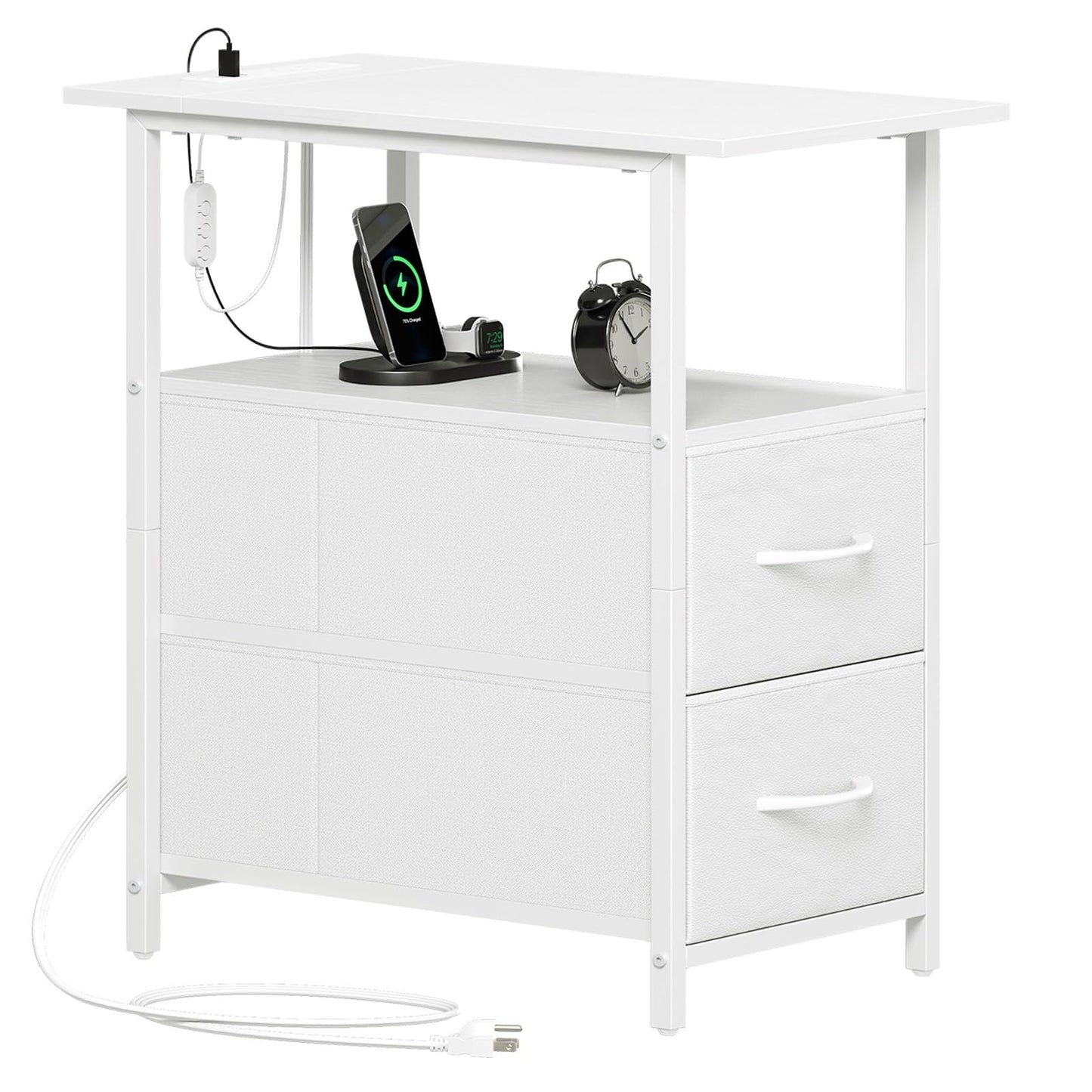 Somdot End Table with Charging Station, Narrow Side Table with 2 Fabric Drawers, Skinny Nightstand with Storage, Small Slim Bedside Table for Living Room, Sofa, Bedroom, Couch, White Leather