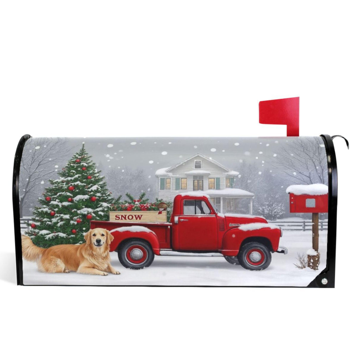 Christmas Tree Red Truck Magnetic Mailbox Covers Winter Snow Golden Retriever Dog Mailbox Cover Over Size Full Magnet Garden Yard Porch Mail Boxes Cover Holiday Decorations 25" L x 21" W