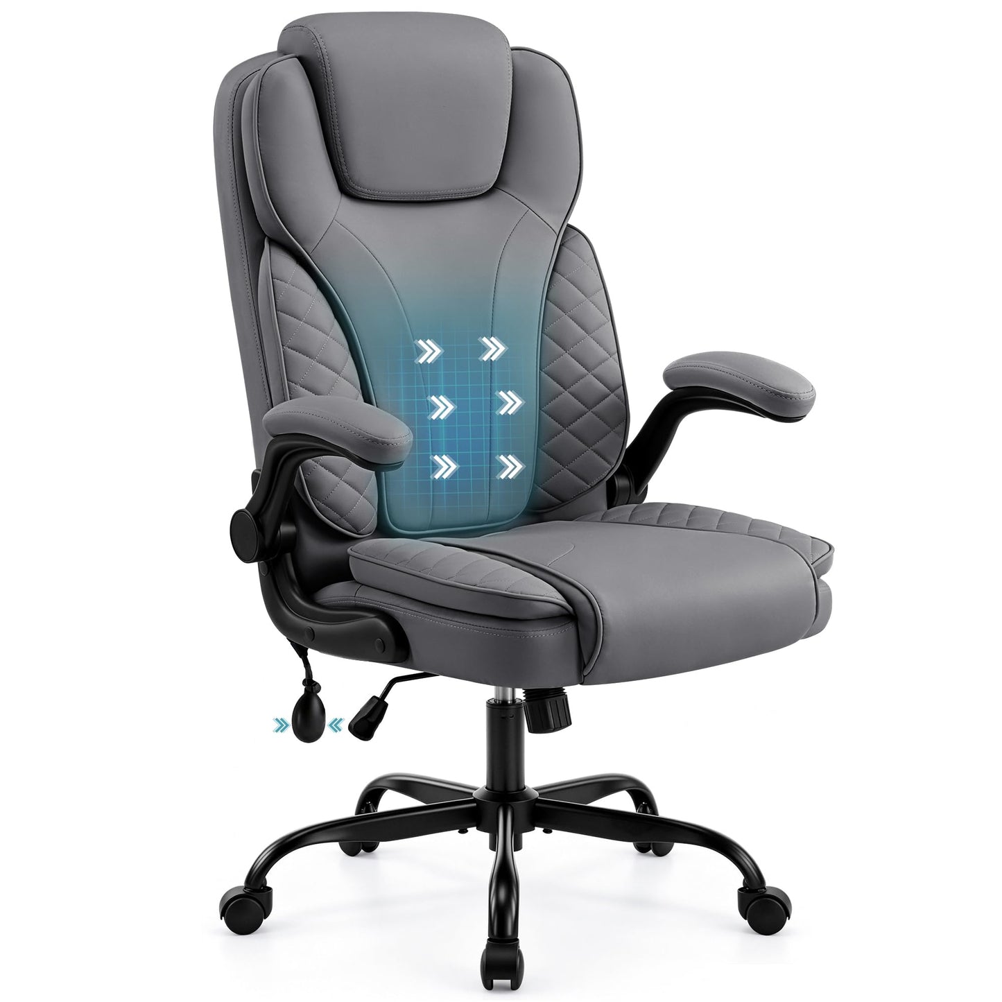 Hayelf Ergonomic Office Chair, PU Leather High Back Executive Chair with Adjustable Inflatable Lumbar Support and Padded Flip-Up Arms, Recline Swivel Task Computer Chair for Home Office, Gray