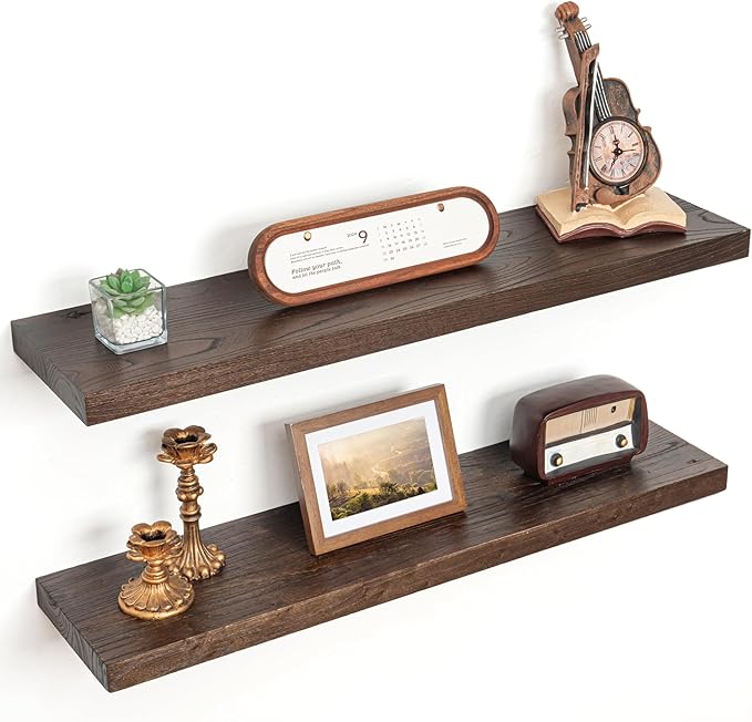 Floating Shelves for Wall Decor, 8 Inch Deep Rustic Solid Elm Wood Floating