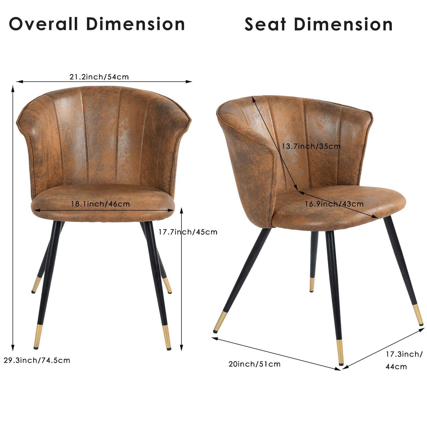 FurnitureR Vintage Set of 2 with Armrest Suede Modern Living Accent Side Club Guest with Black Golden Legs Room Dining Chair, Brown