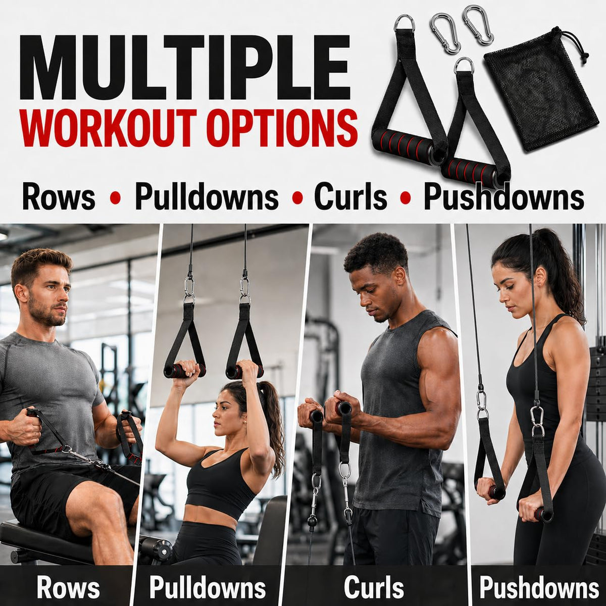 Cable Machine Handles 2 Pack, Foam Grip Exercise Handles with Carabiners and Mesh Bag for Lat Pulldown, Cable Rows, Tricep Pushdown, Resistance Bands and Home Gym Workouts