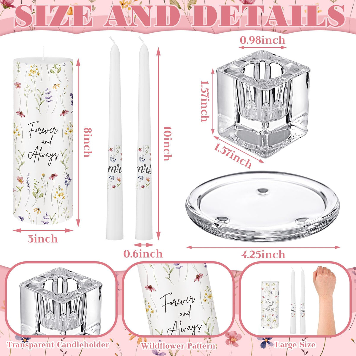 Irenare Unity Candles with Holder for Wedding Ceremony Unity Candle Set Wedding Table Decorations Accessories for Formal Events Church (Wildflower)