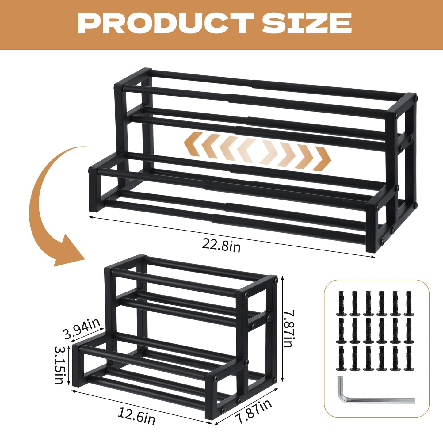 MegoSage Expandable Coffee Syrup Organizer – Adjustable 12.6"–22.8" Metal Liquor Bottle Display Shelf, Heavy Duty Coffee Bar Storage, Tabletop Wine Racks for Cafe, Home Bar, Kitchen (Black)