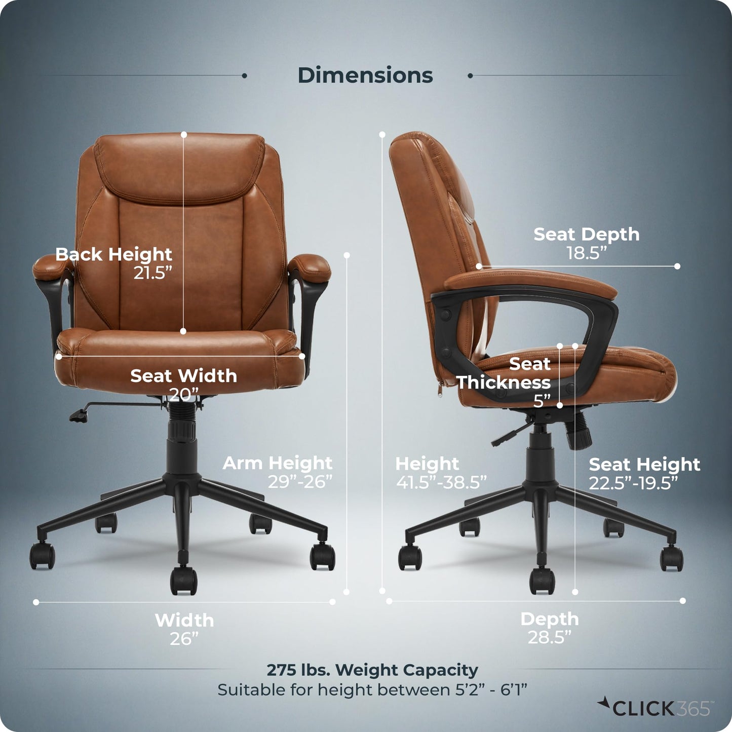 Click365 Transform 1.0 Ergonomic Office Chair, Mid Back Desk Chair with Padded Arms, Lumbar Support, Adjustable Height, Tilt Recline, Swivel Computer Chair, Bonded Leather, Cognac