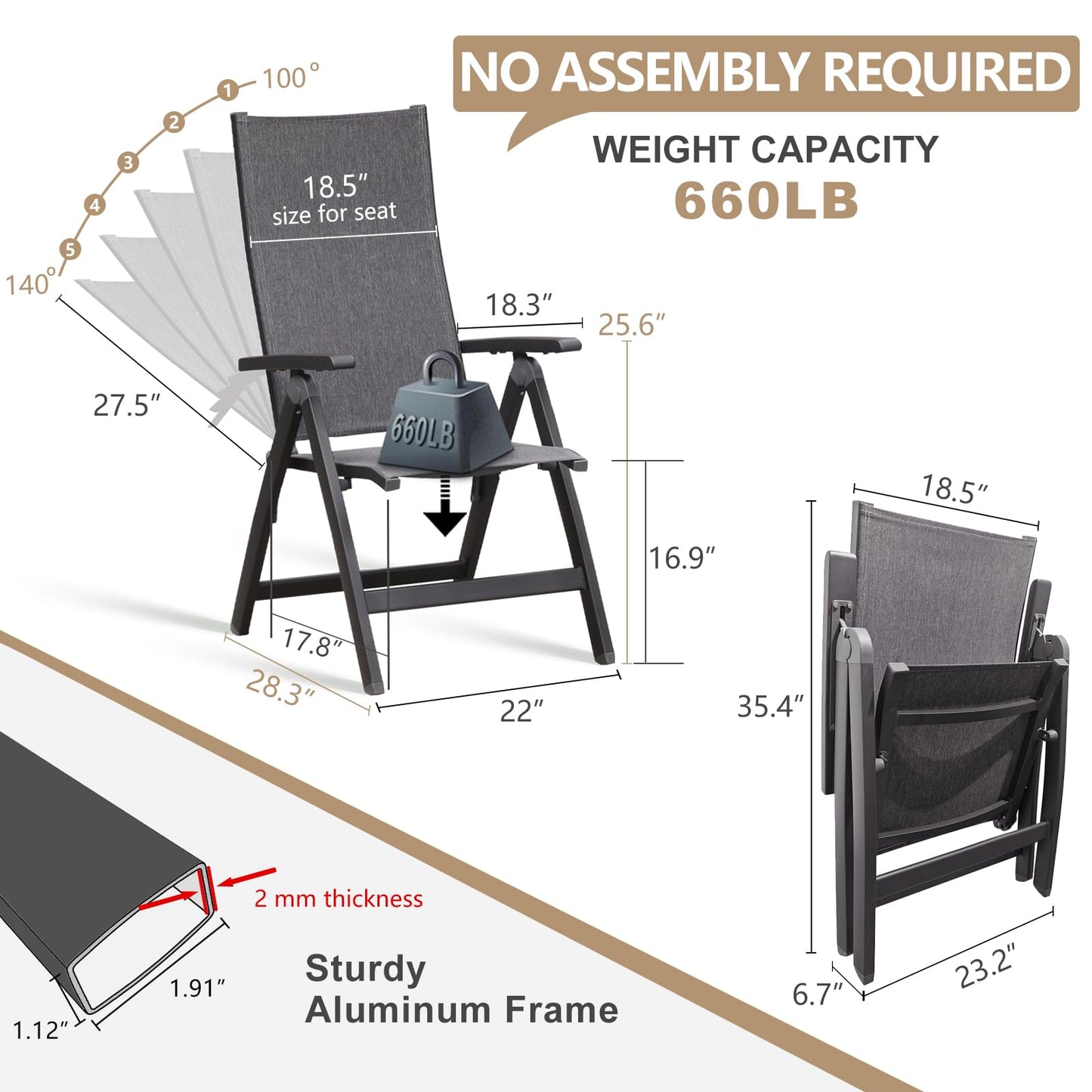 Sunairsz Folding Chair, Indoor & Outdoor Balcony, Patio Porch, Garden Lawn, Pool, for Comfortable Black Foldable Chairs, Portable Cozy Recliner, Metal Frame, Heavy Duty Durable